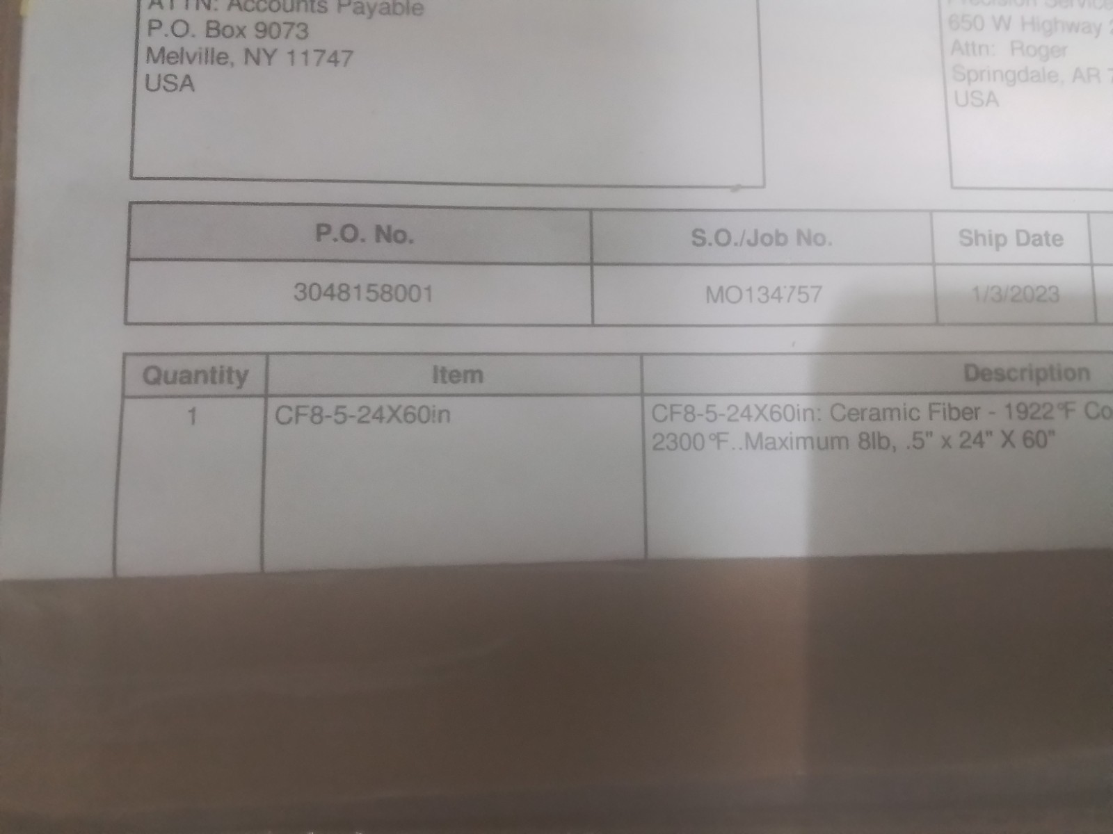 UNITHERM CF8-5-24X60in Ceramic Fiber (K8D)