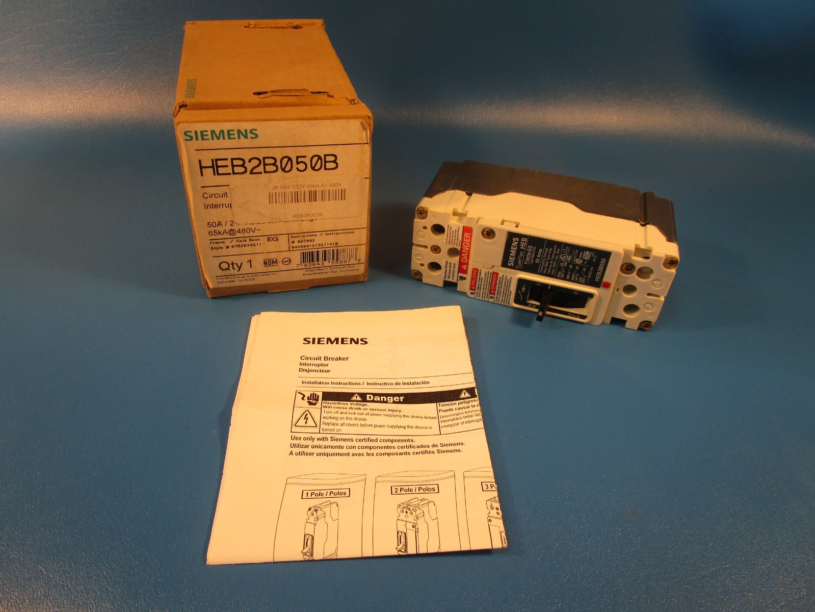 Siemens HEB2B050B, Circuit Breaker, 2-pole, 50A bolt-on molded case, rated 65kAI
