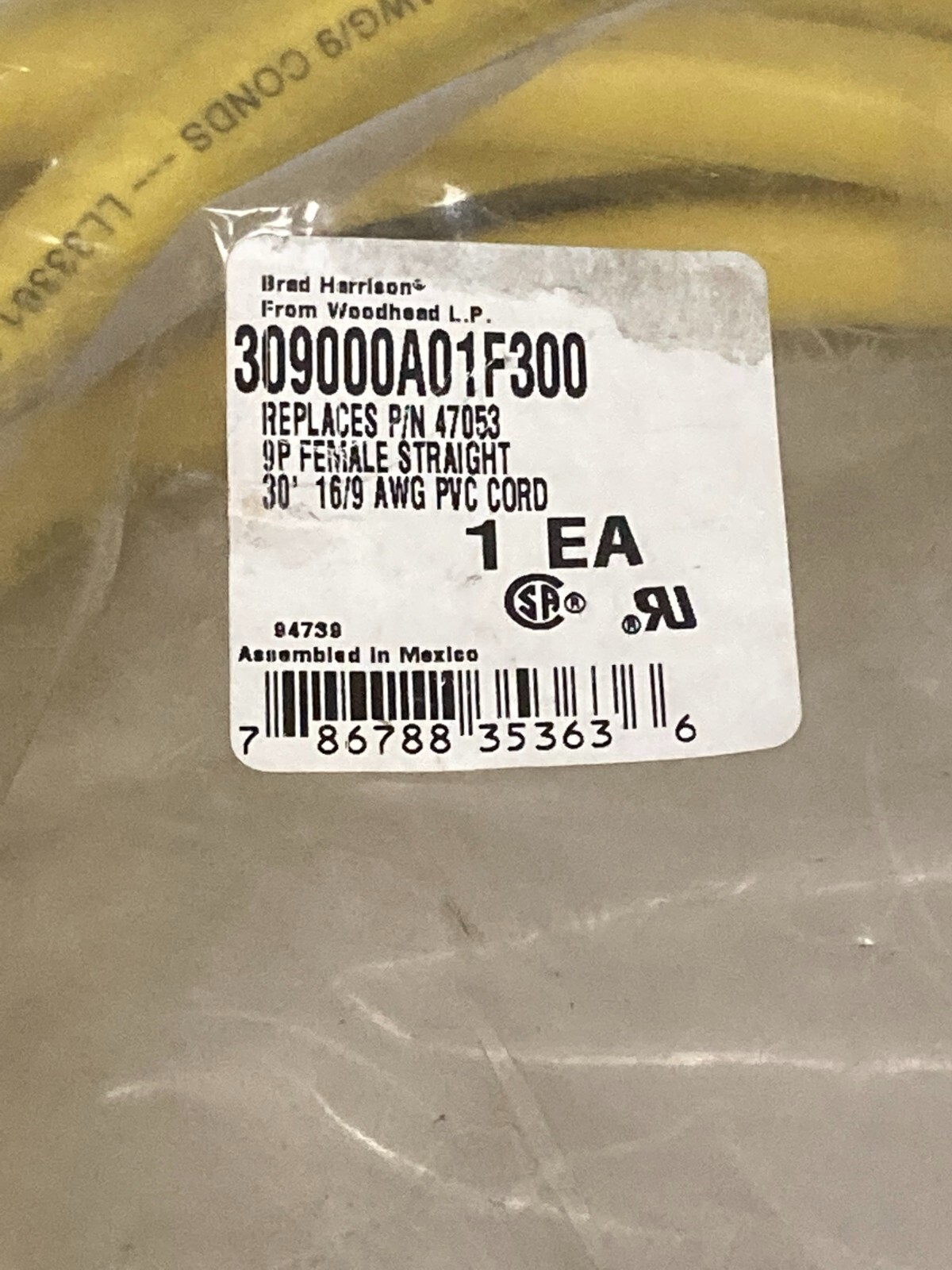 BRAD HARRISON 309000A01F300 CORDSET 9 POLES FEMALE 16 AWG 9.14M NIB