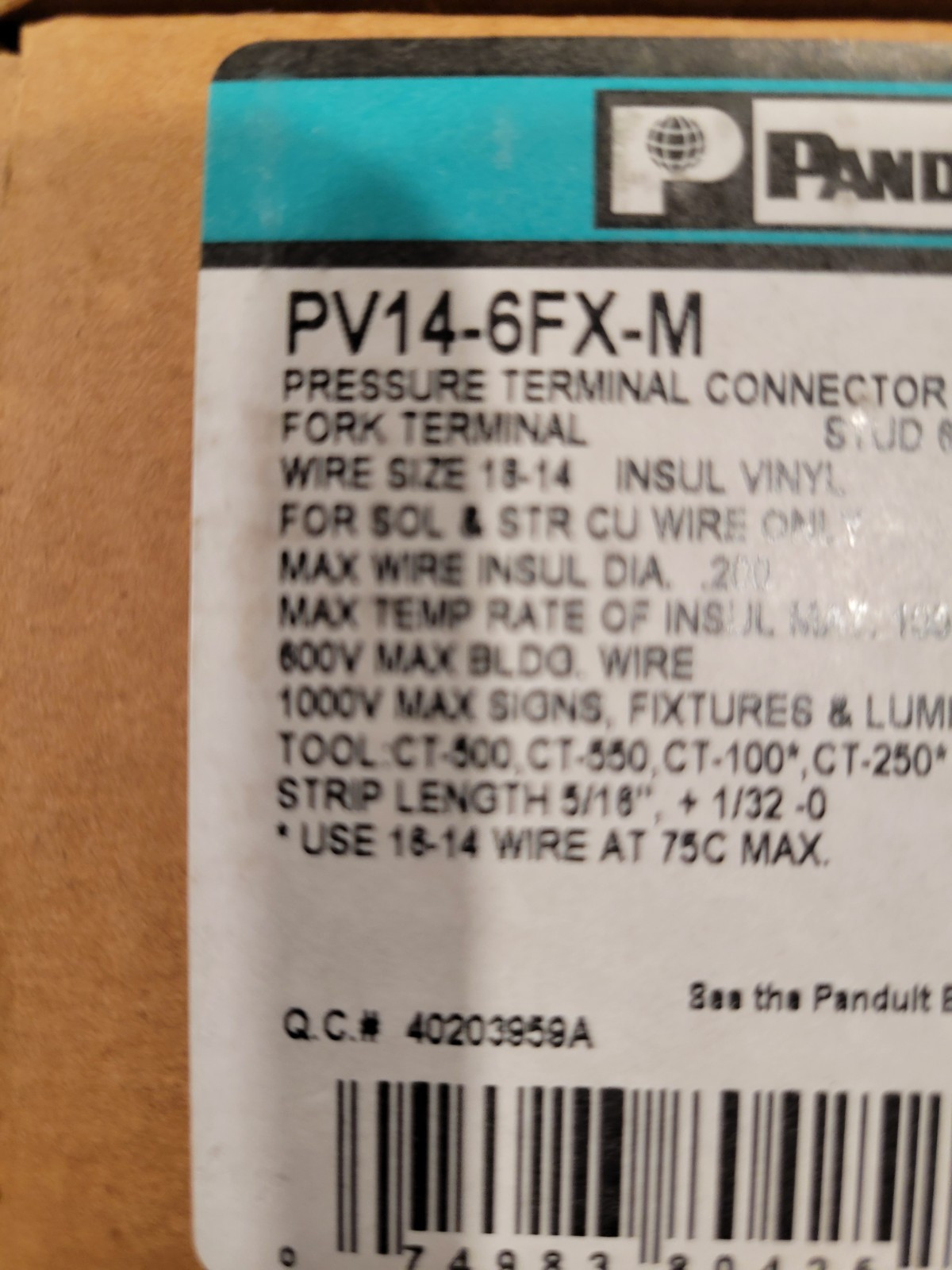 PANDUIT 14 AWG Fork Terminal Crimp Lug PV14-6FX-M (Box of 800)