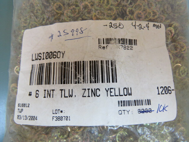 McMasters Carr 91113A007 Qty of 1000 per Lot Zinc-Plated Steel Internal-Tooth L