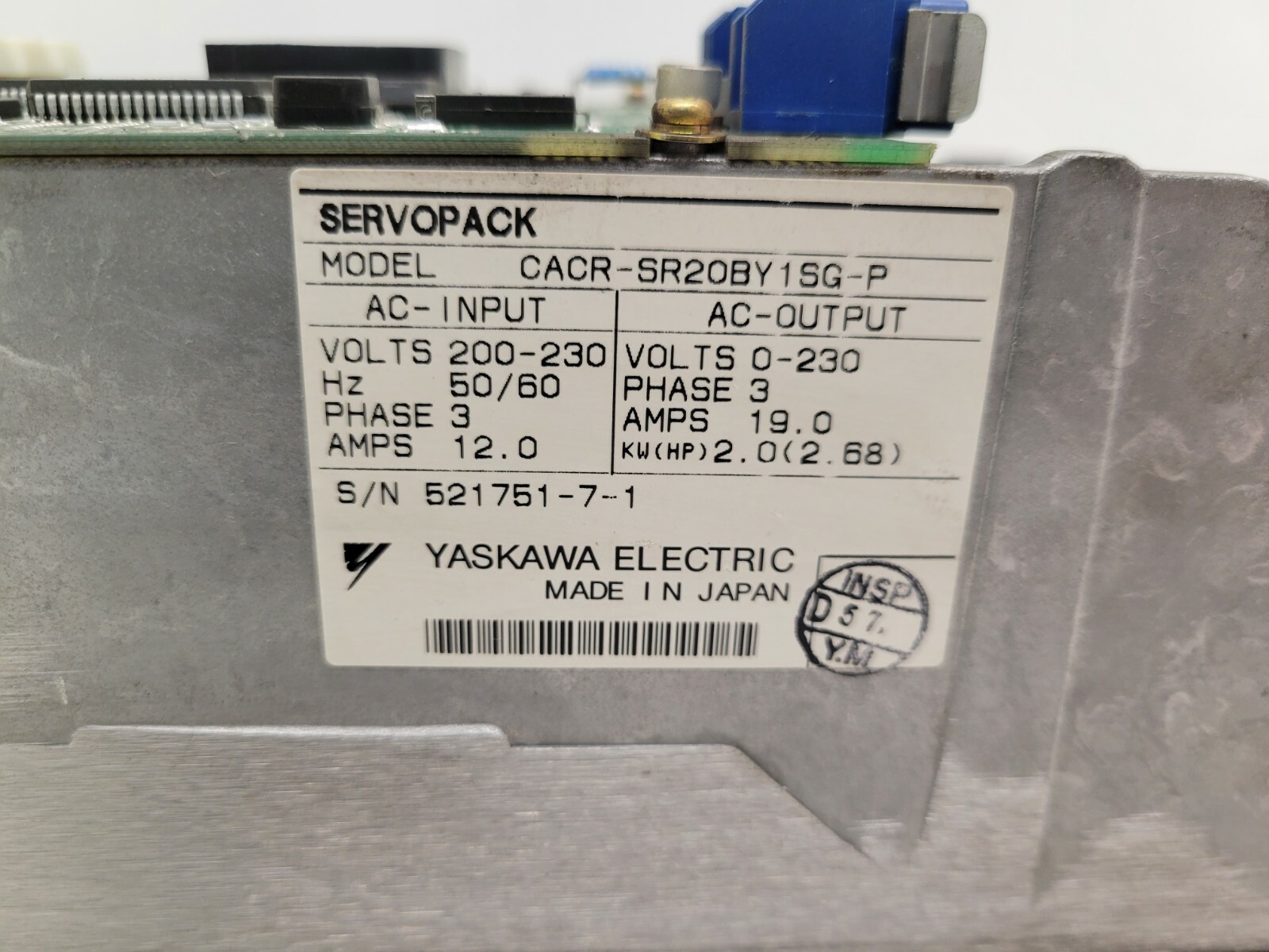 GOOD USED! YASKAWA ELECTRIC SERVOPACK 3PHASE 2KW CACR-SR20BY1SG-P