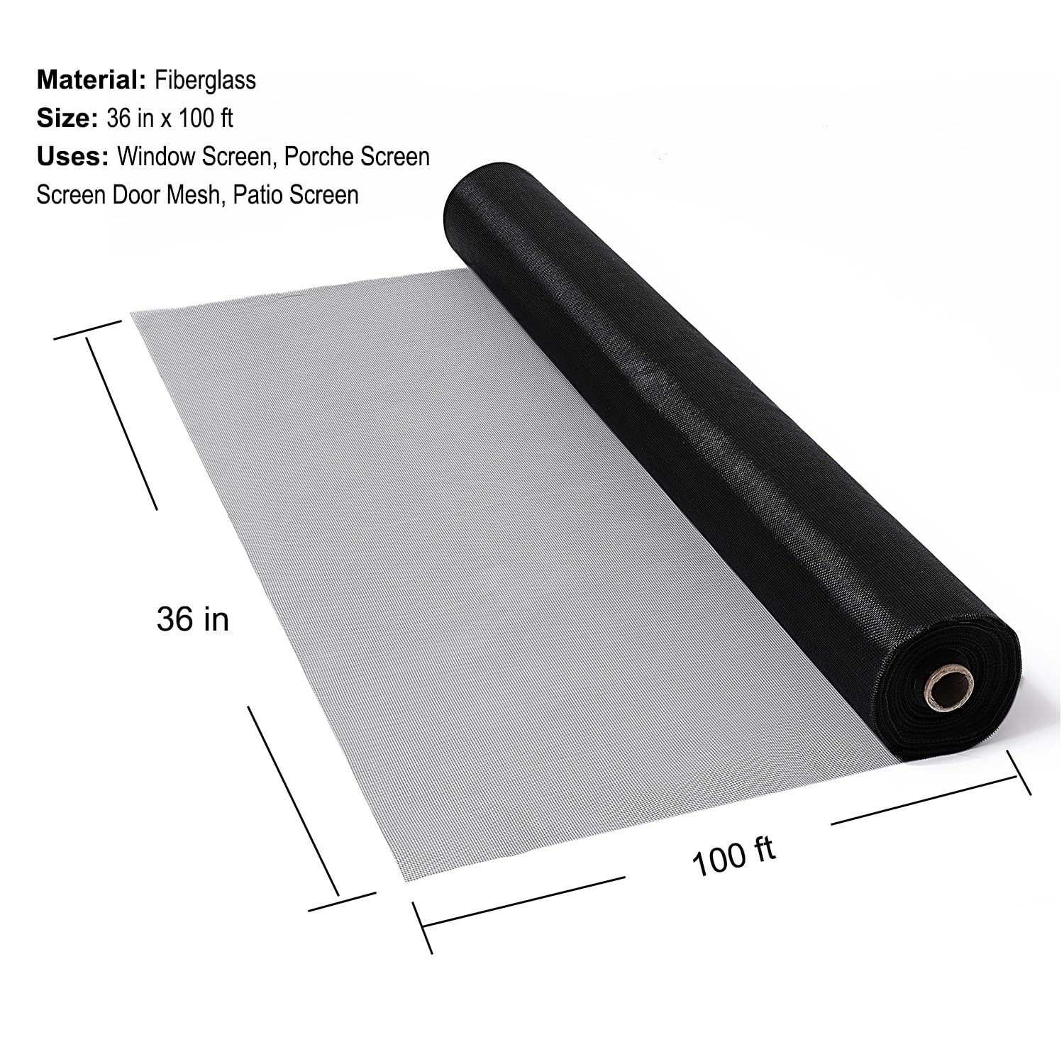 36 in x 100 ft Fiberglass Window Screen Mesh, 36 x 100 ft, Black