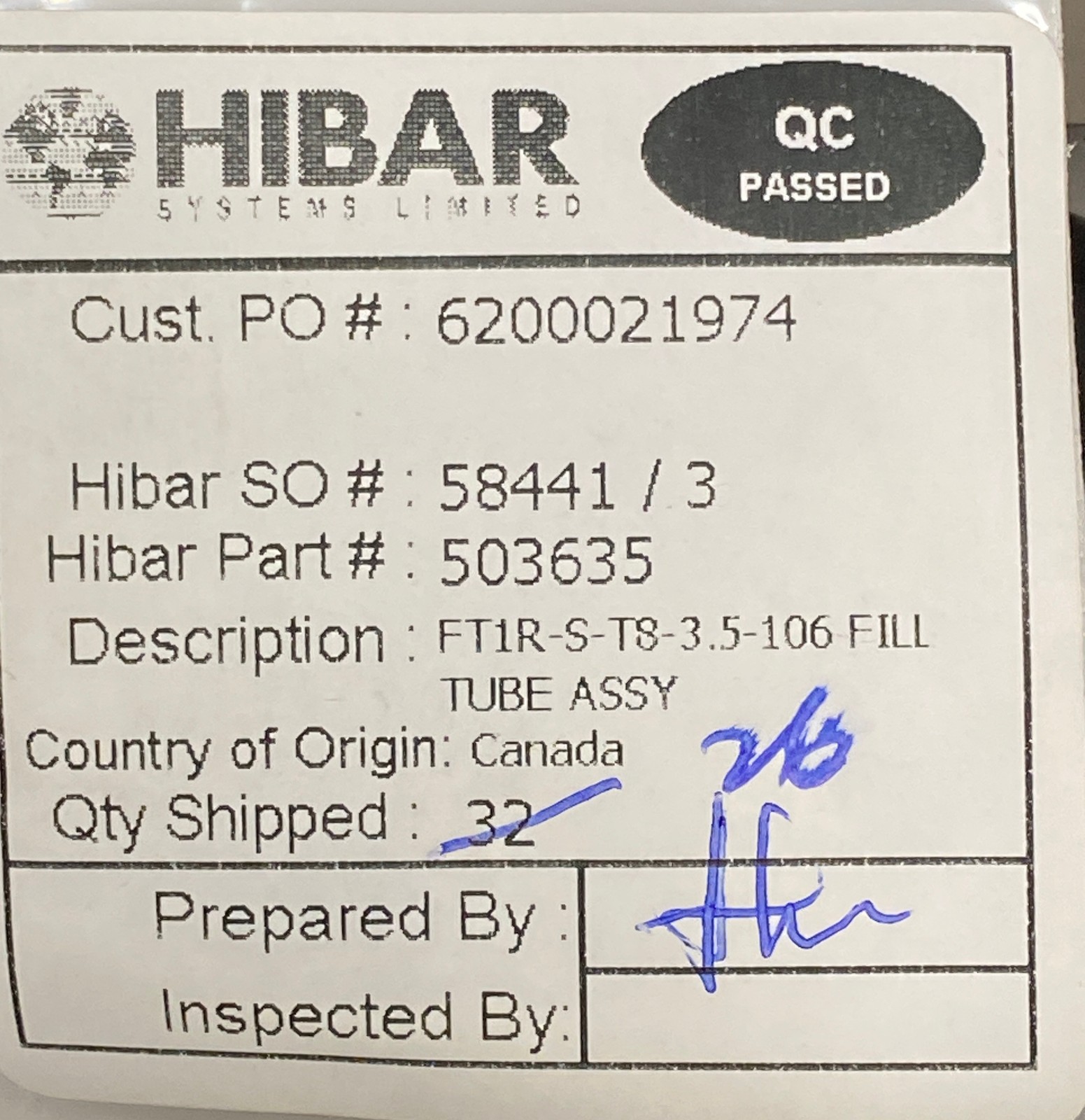 Hibar Systems FNA-K4-00076 Fill Dosing Tube Assy