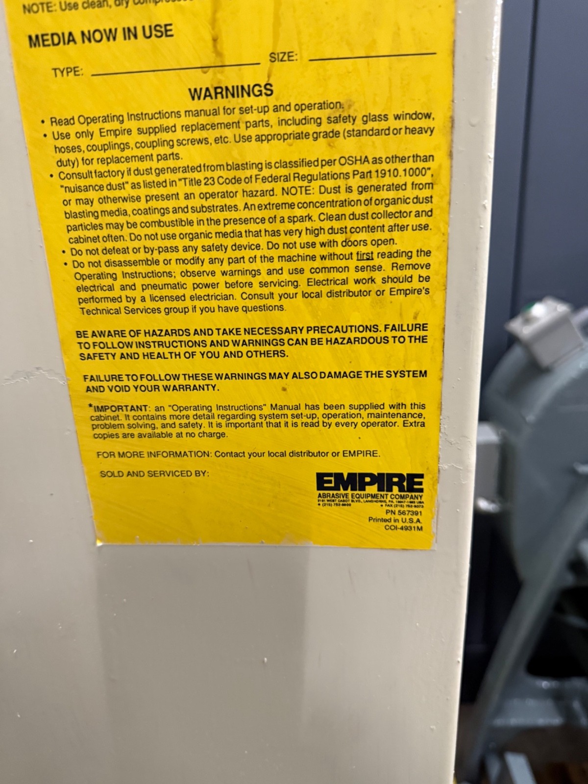 Empire EF-2436, Sandblast w/ DUST COLLECTOR, 120 VOLTS BLAST CLEANER
