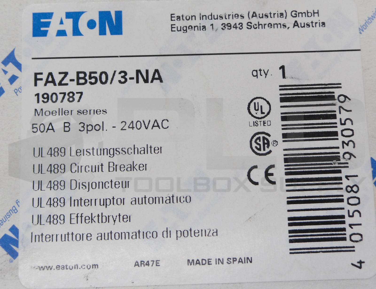 NEW EATON FAZ-B50/3-NA CIRCUIT BREAKER 50A 3 POLE 240VAC 190787 FAZ-B50-3-NA
