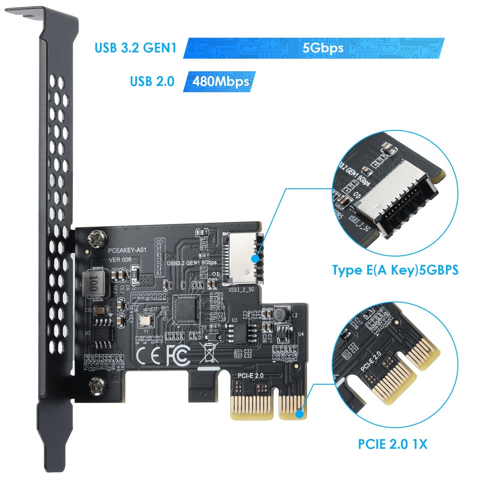 PCI-E 1X to USB 3.2 GEN1 5Gbps Type-E A-Key Expansion Card,Front Panel Type-C…