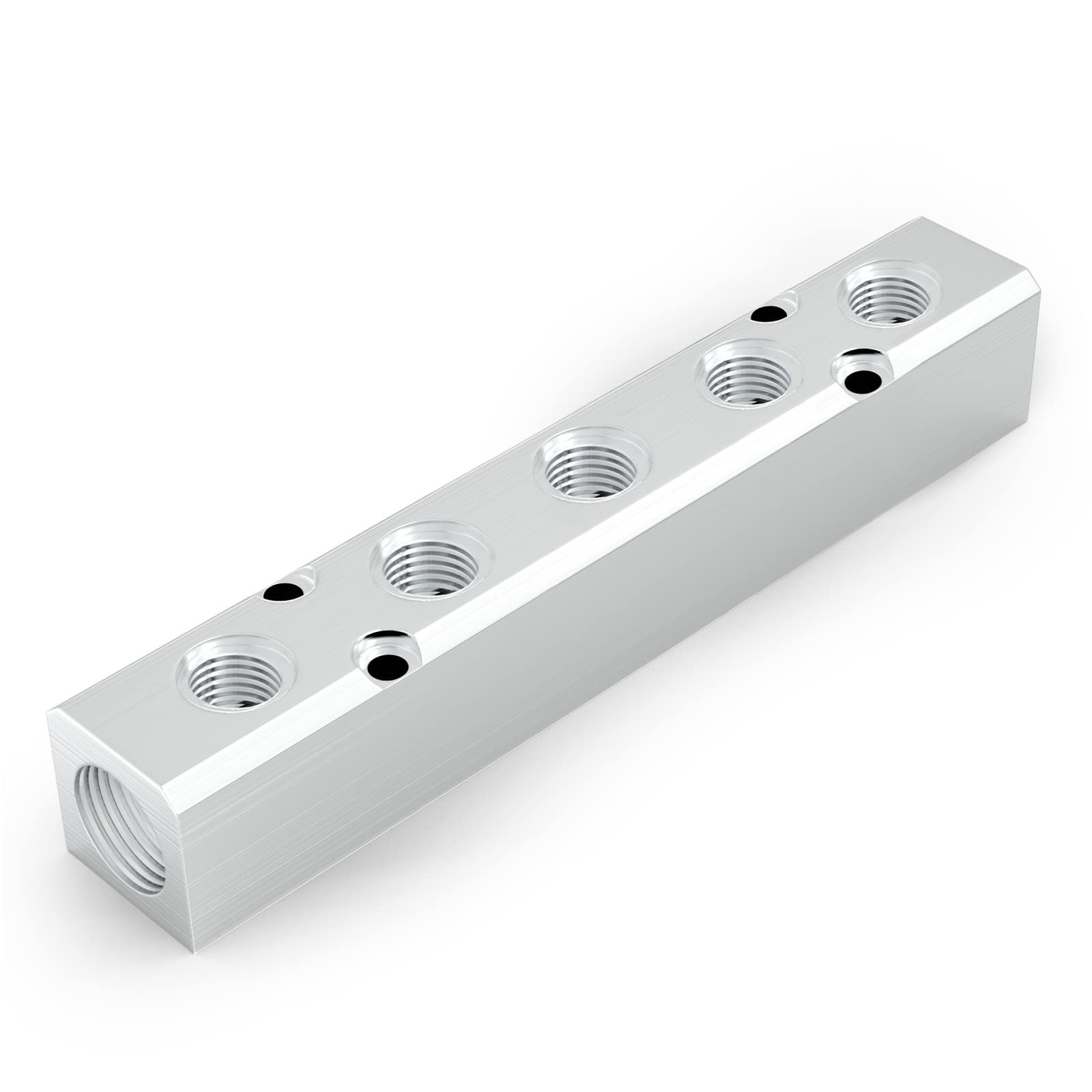 1PCS Aluminum 5 Way 7 Port Pneumatic Manifold, 1/4 Output, 1/2 Supply Port