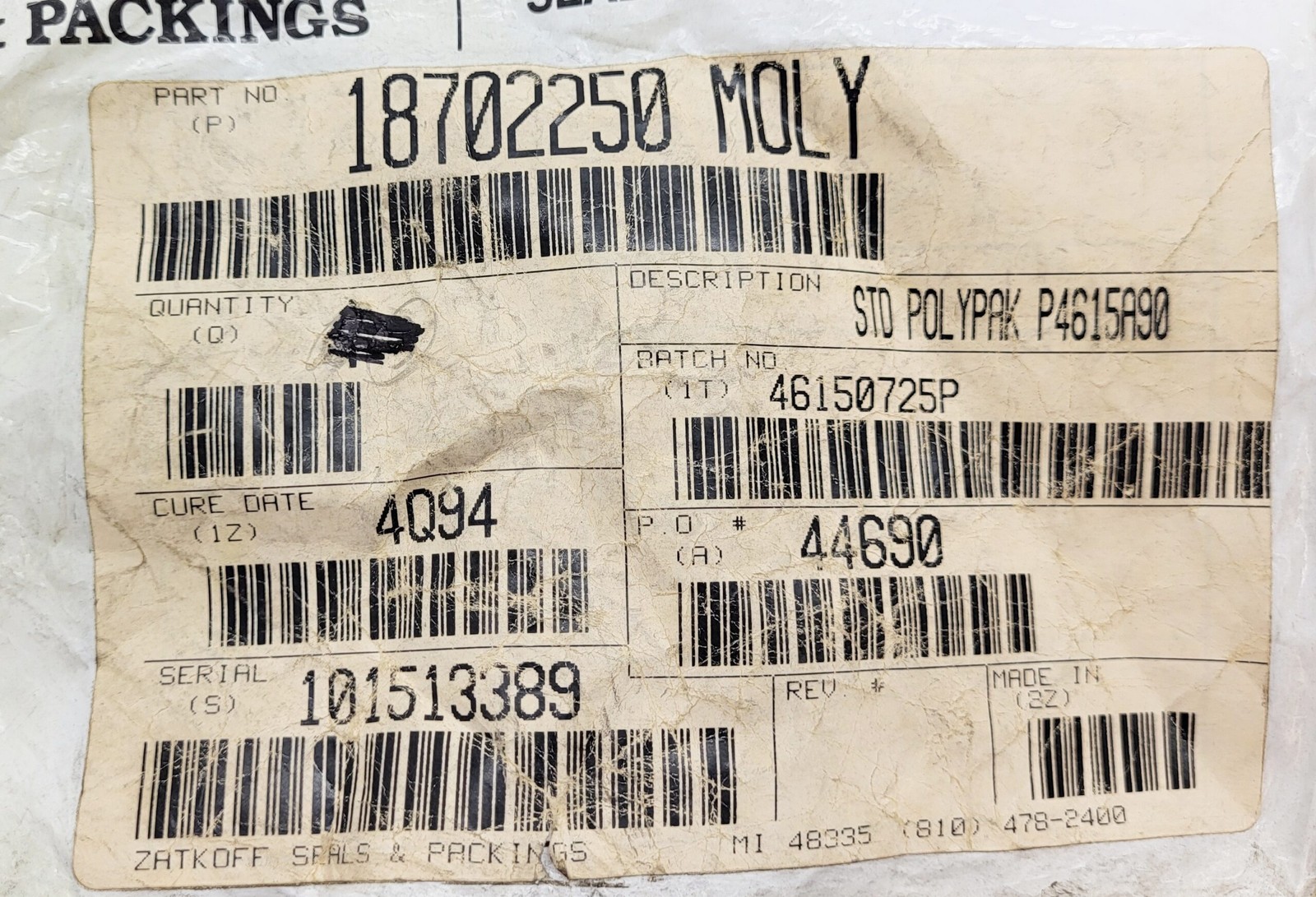NEW BAG OF 3 ZATKOFF 18702250 STD POLYPAK P4615A90 *READ*