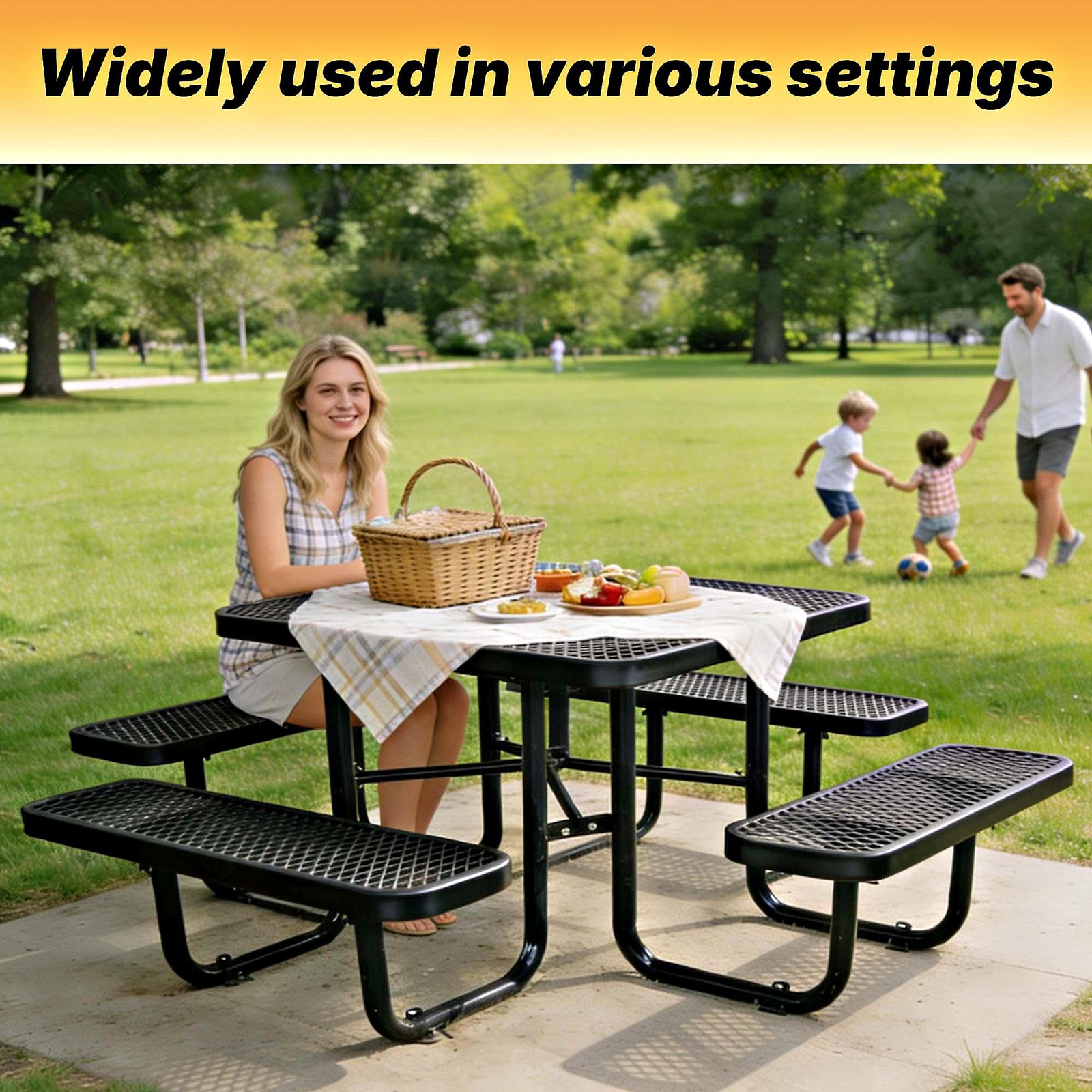 LAUCO Square Picnic Table, Expanded Metal, Black Thermoplastic Coating 1000 lb