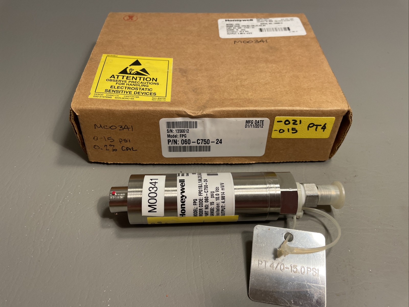 HONEYWELL 060-C750-24 SENSOR MODEL FPG RANGE 15 PSIG OUTPUT 4.9814 MV/V