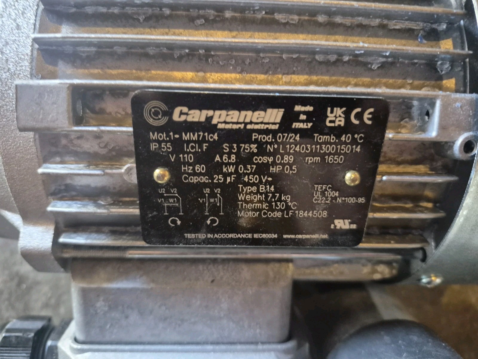 Carpanelli Mm71c .37/0.5hp 4pole 110v/230v 1ph Ac Metic Motor Or Breakmotor