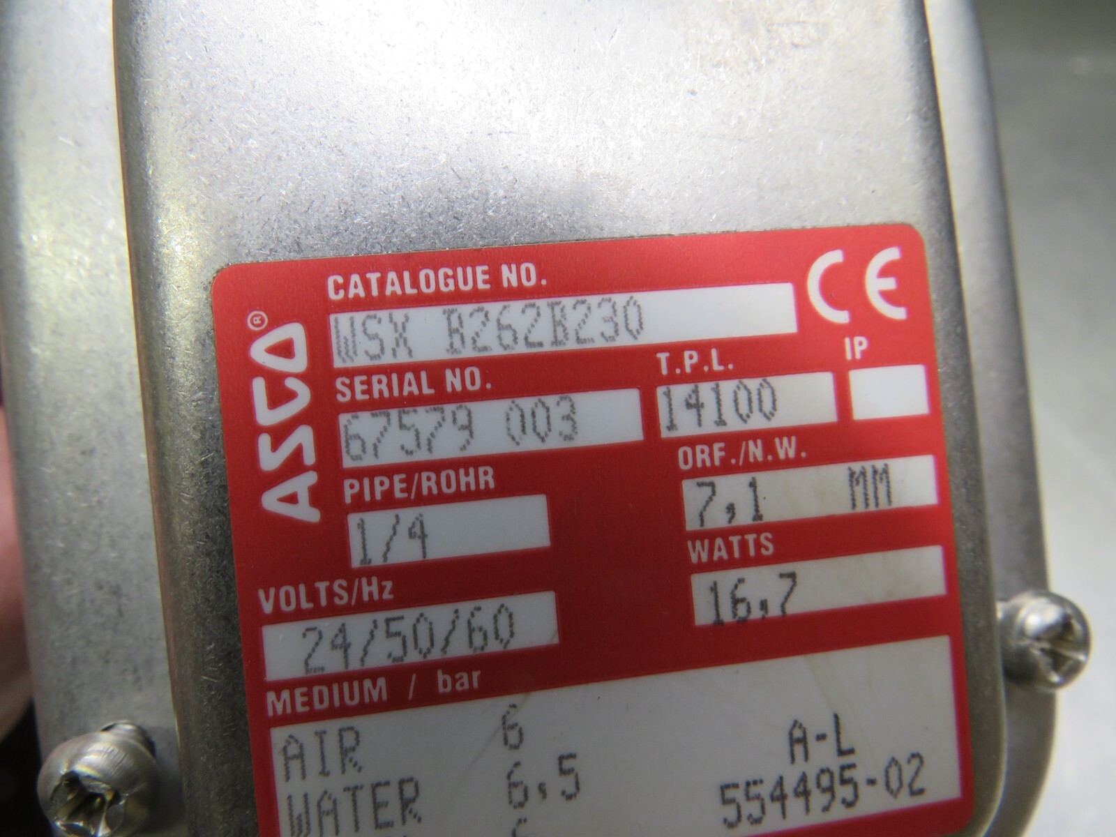 Alfa Laval 55449502 Solenoid Valve Asco WSXB262B230 24V