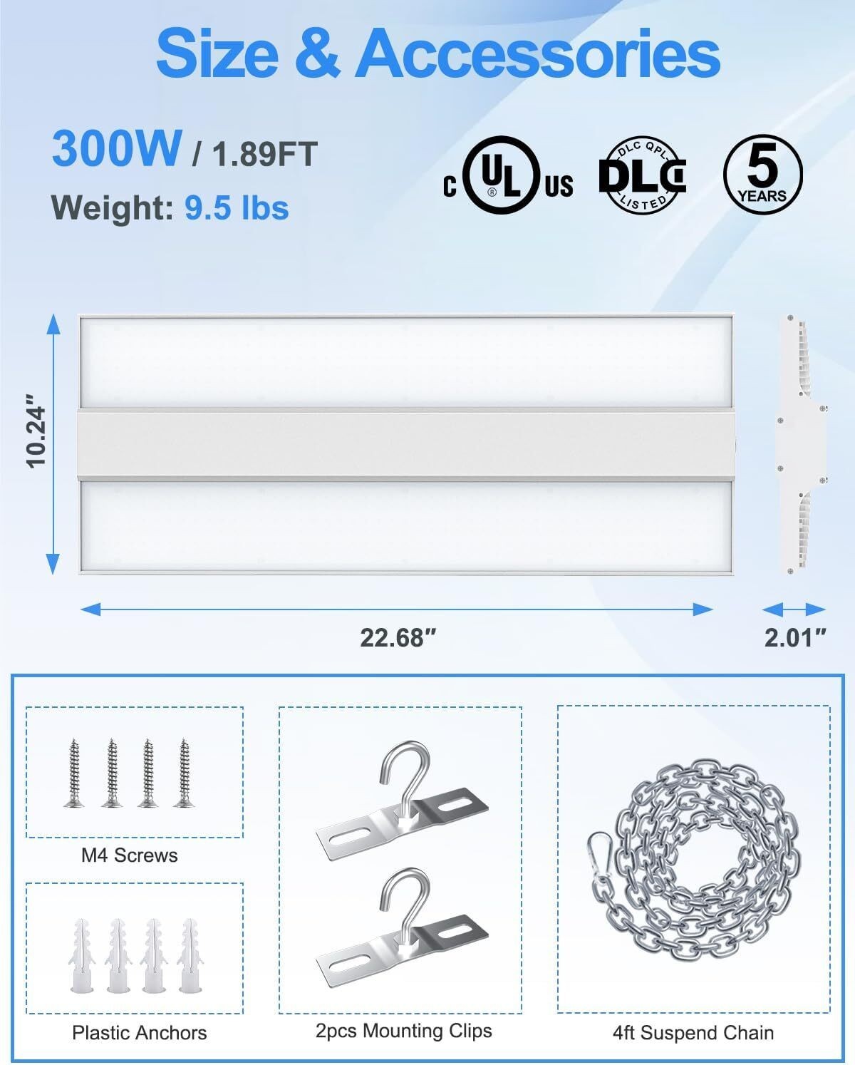 300W LED Linear High Bay Light Warehouse Garage Shop Fixture 4.5/5/5.7K 3 CCT