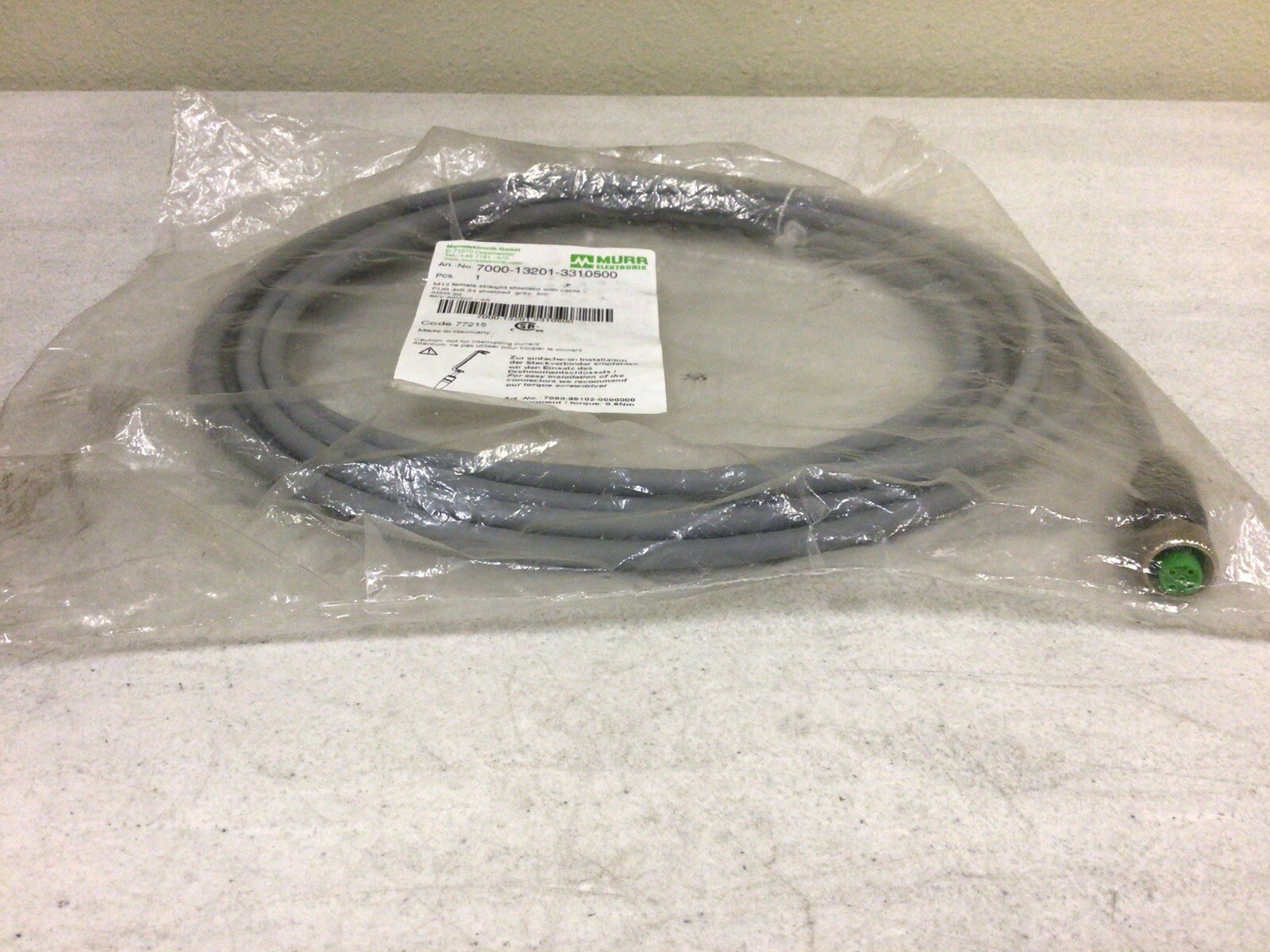 NEW, MURR 7000-13201-3310500 M12 GREY FEMALE STRAIGHT SHIELDED W/CABLE AWG 22
