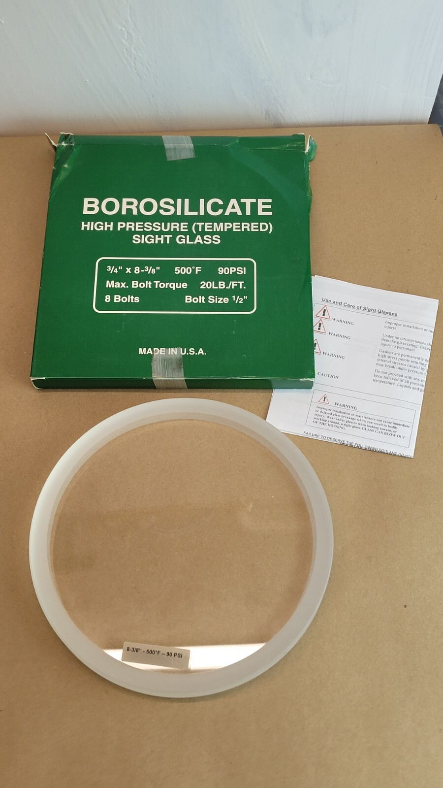 Borosilicate High Pressure Tempered Sight Glass 3/4″ x 8-3/8″ 500F 90PSI