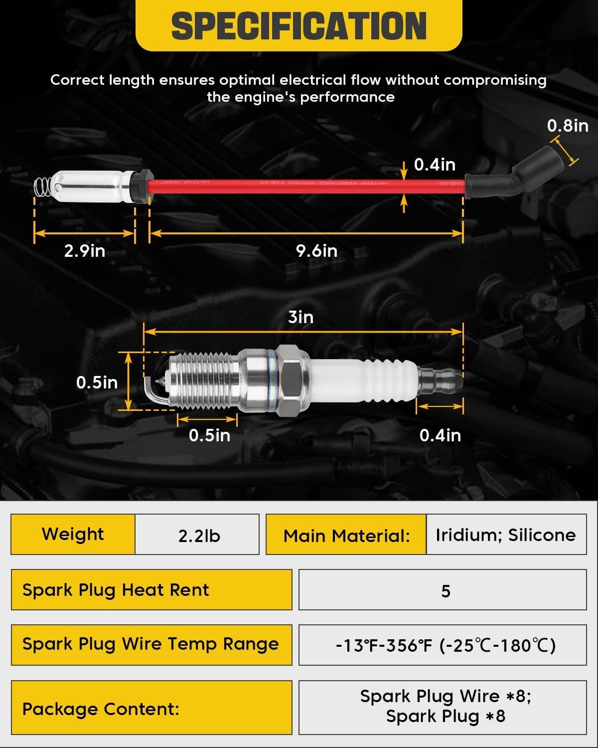 8 Iridium Spark Plugs & 10.4mm Wires Set for Chevy GMC LS 5.3 6.0 6.2 V8