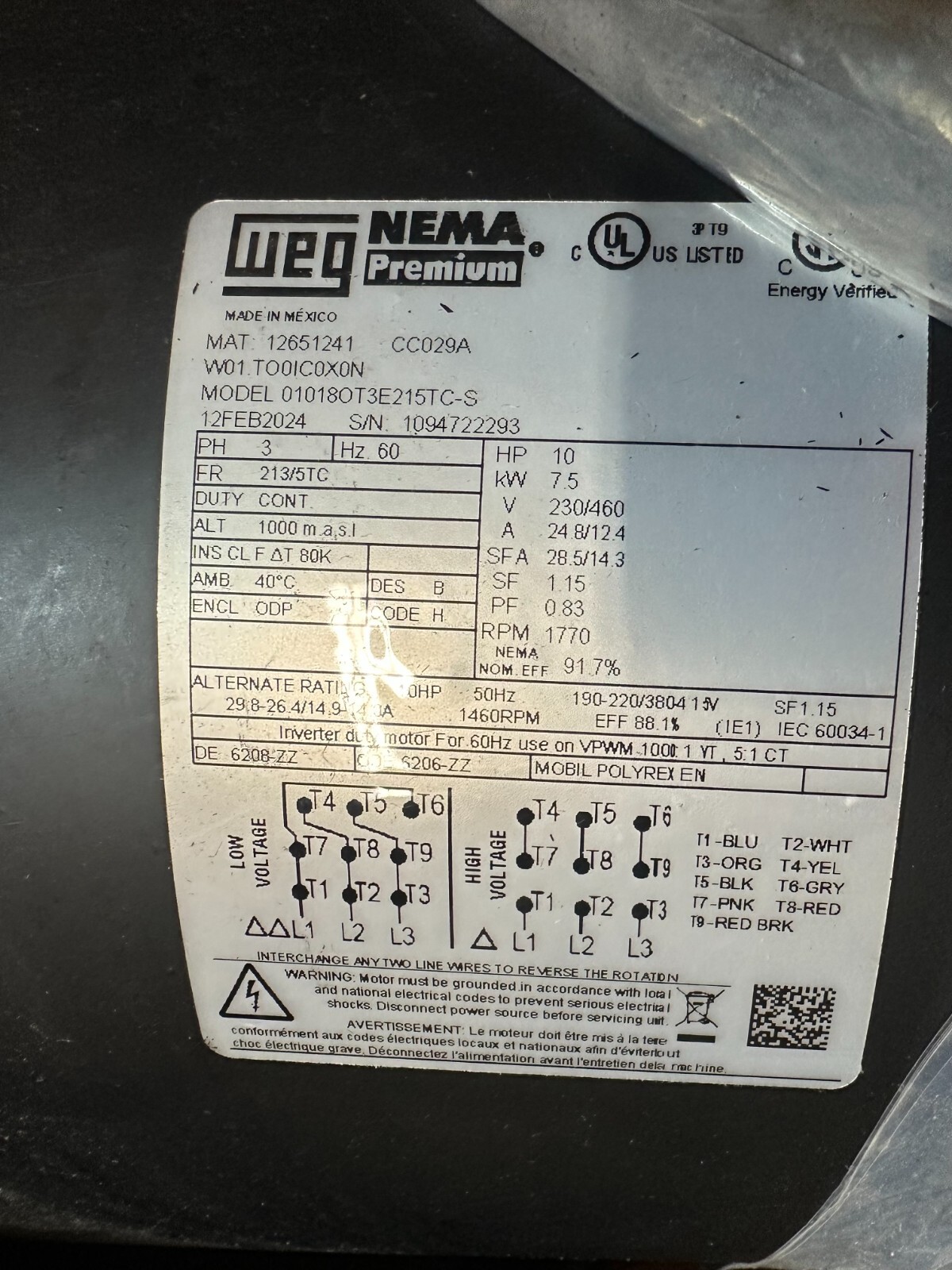 Weg 010360T3E215TC-S Rolled Steel NEMAPremium Efficiency 10 HP 2P 213/5T 3Ph 230