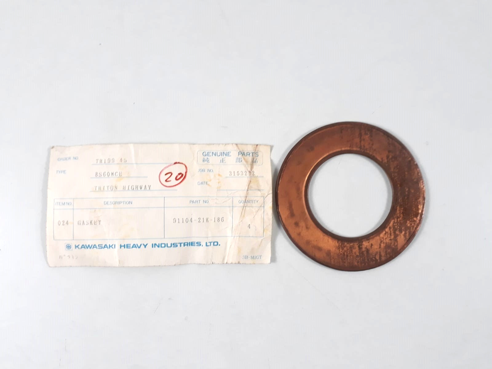 Gasket P/N 91104-21K-186 Kawasaki 8S60MCE Genuine Parts (PACK 3)