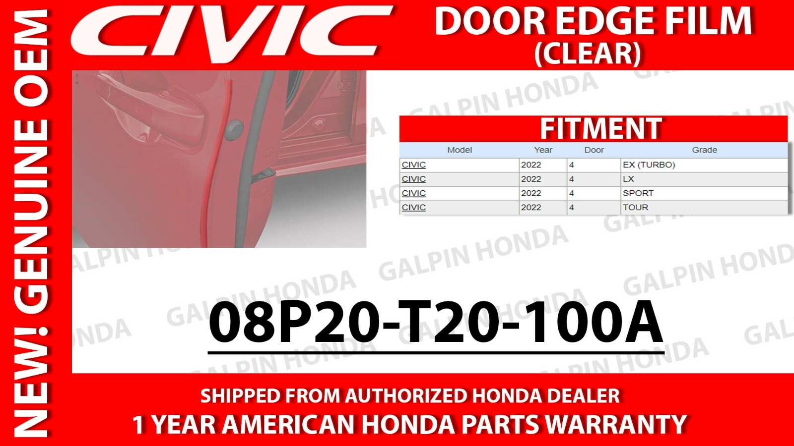2022 NEW! HONDA CIVIC Door Edge Film [CLEAR] [08P20-T20-100A]