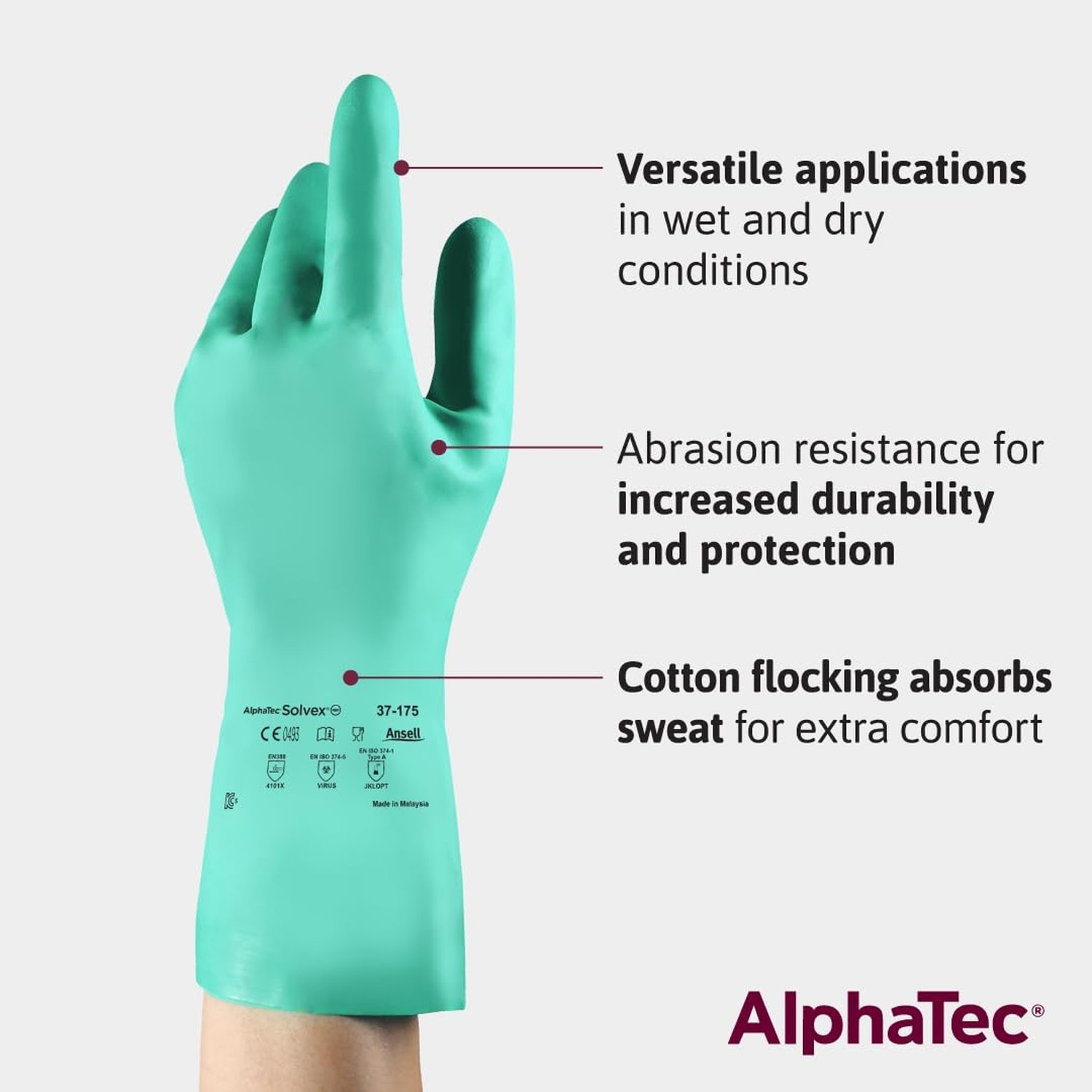 Ansell AlphaTec Solvex 37-175 Flocked Chemical-Resistant Gloves for Cleaning,…