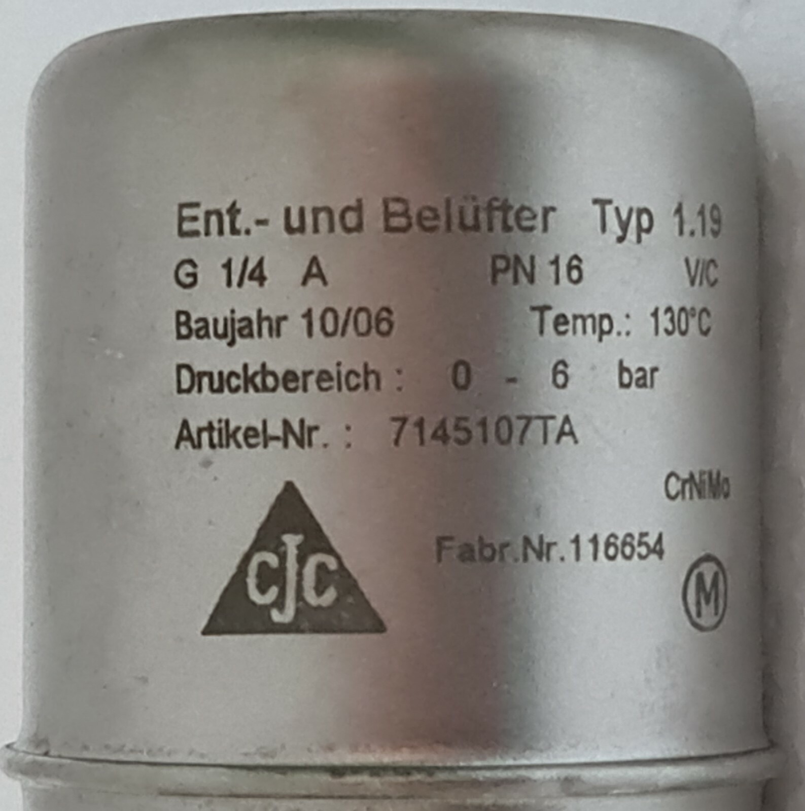 CJC FD33003 7145107TA AIR VENT FOR VACUUM FILTER, 0-6 BAR G 1/4 A