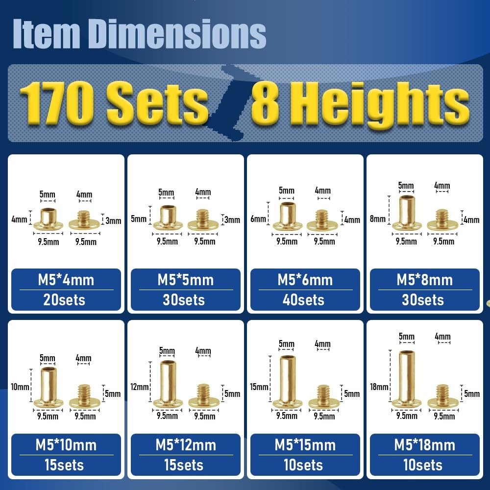 170 Sets Gold Chicago Screws Leather Rivets Kit, 8 Sizes (M5*4,5,6,8,10,12,15,18