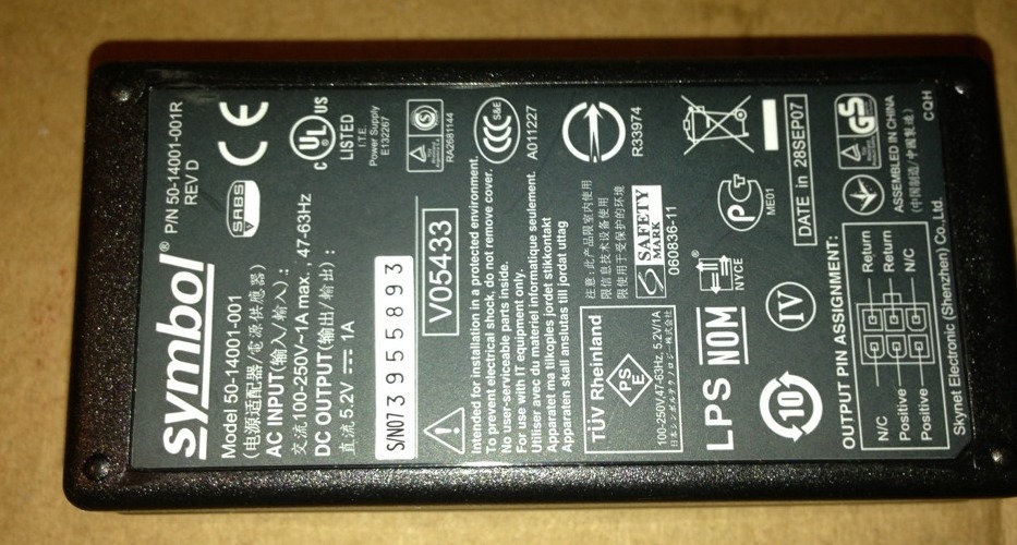 Symbol Power Supply 50-140001-001R, 100-250vac, 47-63HZ, +5.2V, 1amp, #1654A5