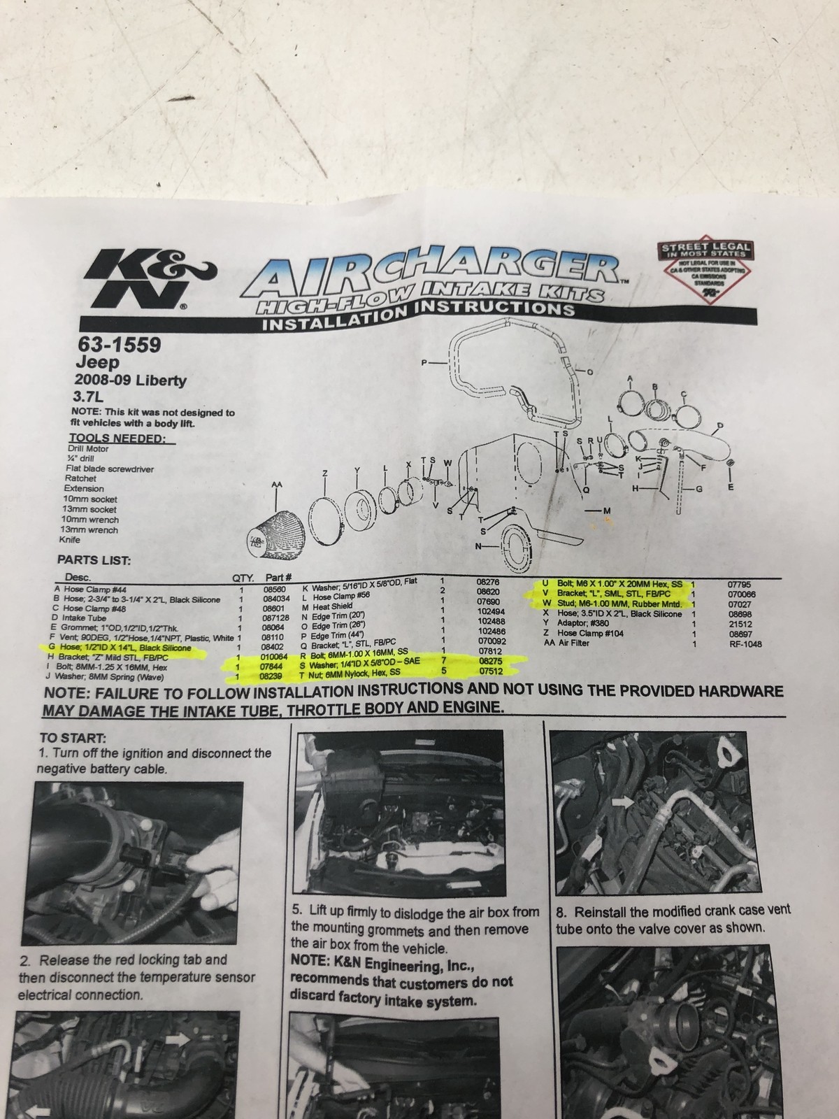 K&N 63-1559 JEEP 08-09 LIBERTY 3.7L HIGH FLOW INTAKE