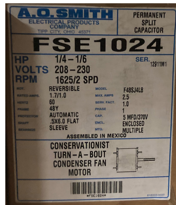 FSE1024 A.O. SMITH ¼-⅙ HP, 208-230V, 1625/2SPD, 60HZ, CONDENSER FAN MOTOR