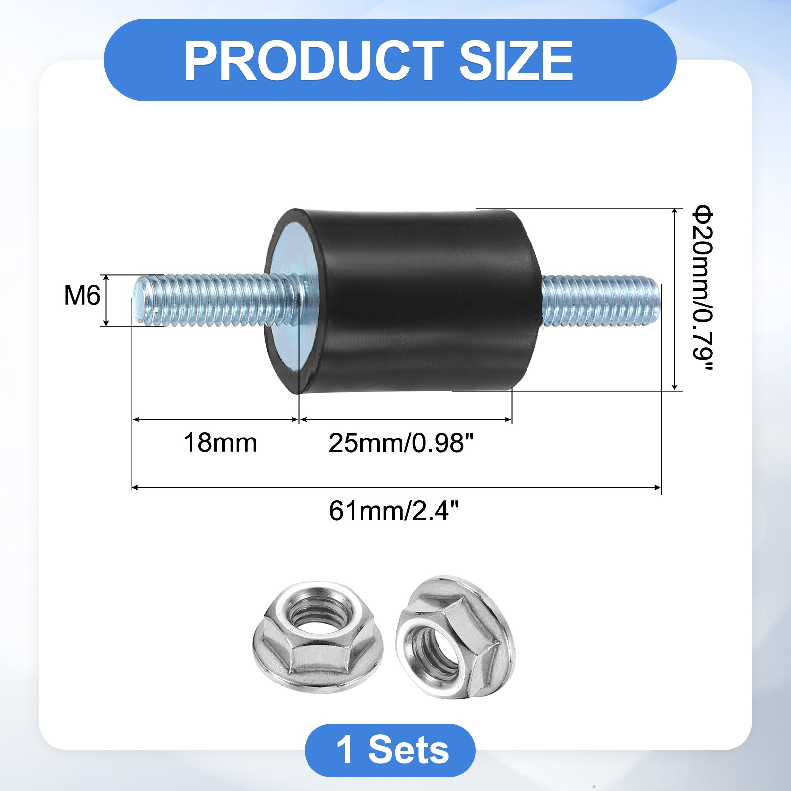 M6 x 18mm Rubber Mounts, 25 x 19mm Rubber Vibration Isolator with Nuts