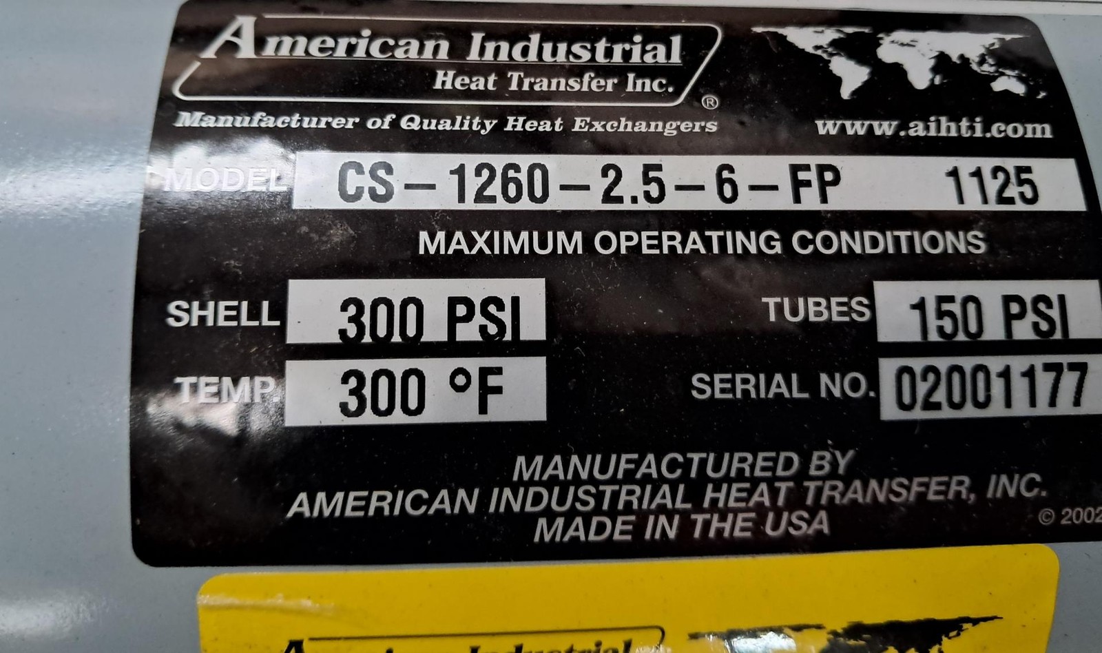 American Industries CS-1260-2.5-6-FP Heat Exchanger 300-PSI Shell, 150-PSI Tubes