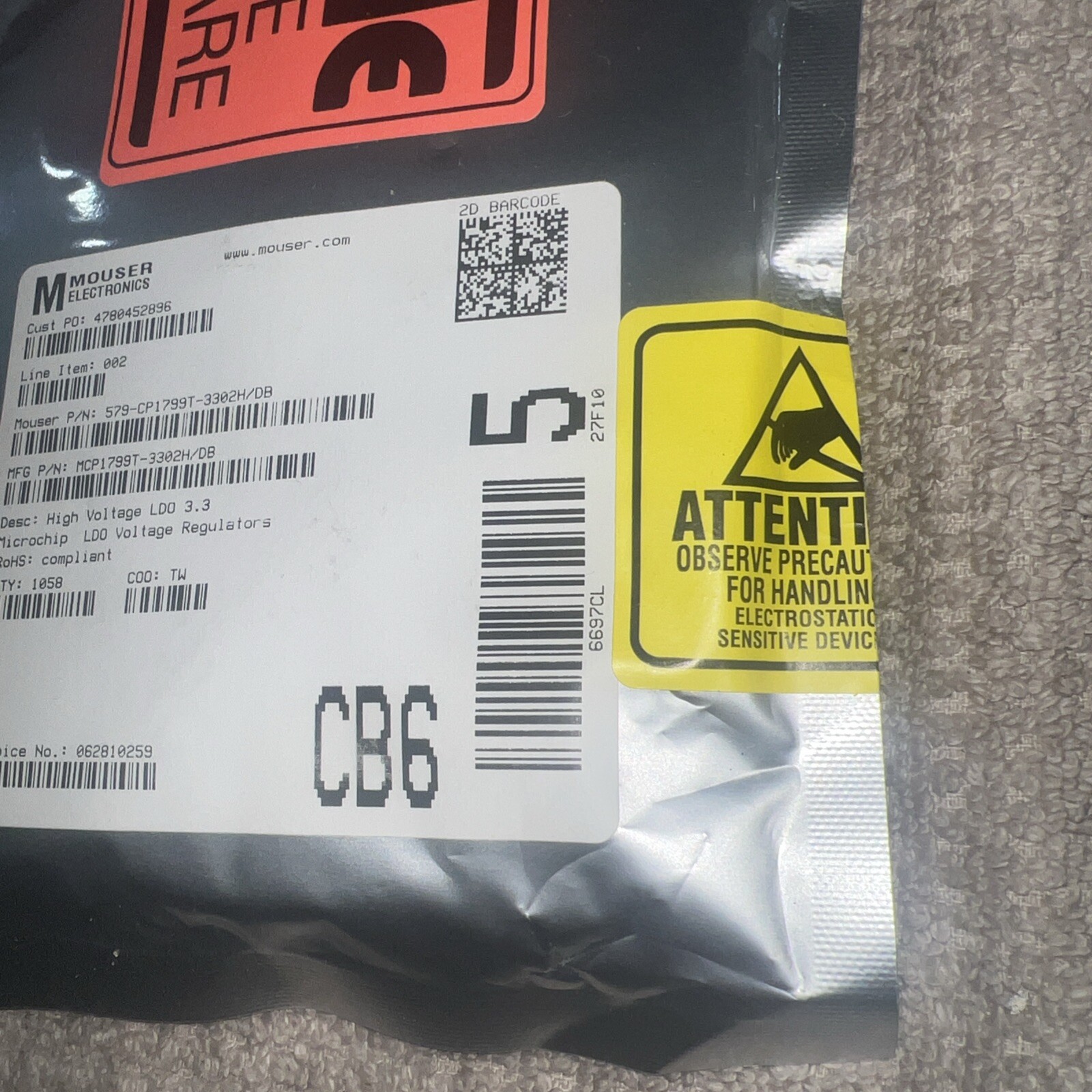 Microchip Technology MCP1799T-3302H/DB High Voltage LDO 3.3 Microchips QTY 1058