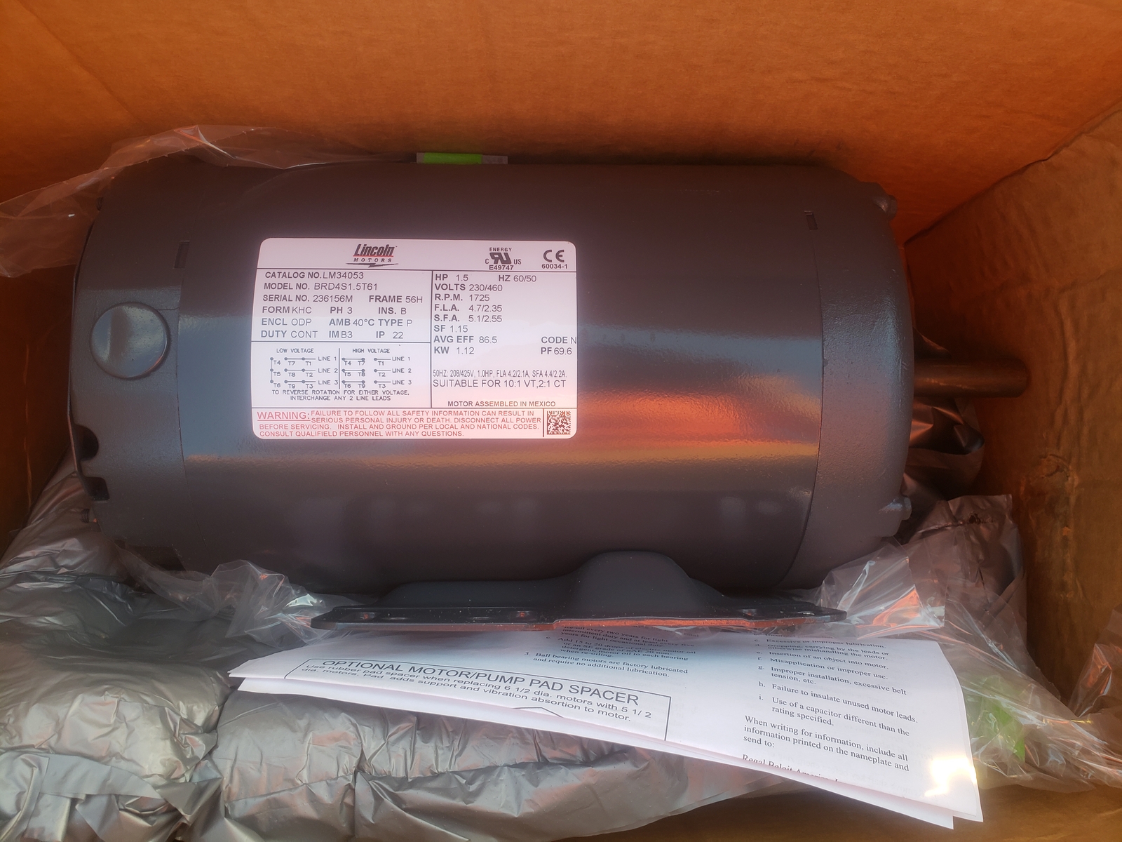NSOP Lincoln Motors LM34053 BRD4S1.5T61 1.5HP 3PH 60/50Hz 56H 1725RPM 230/460V