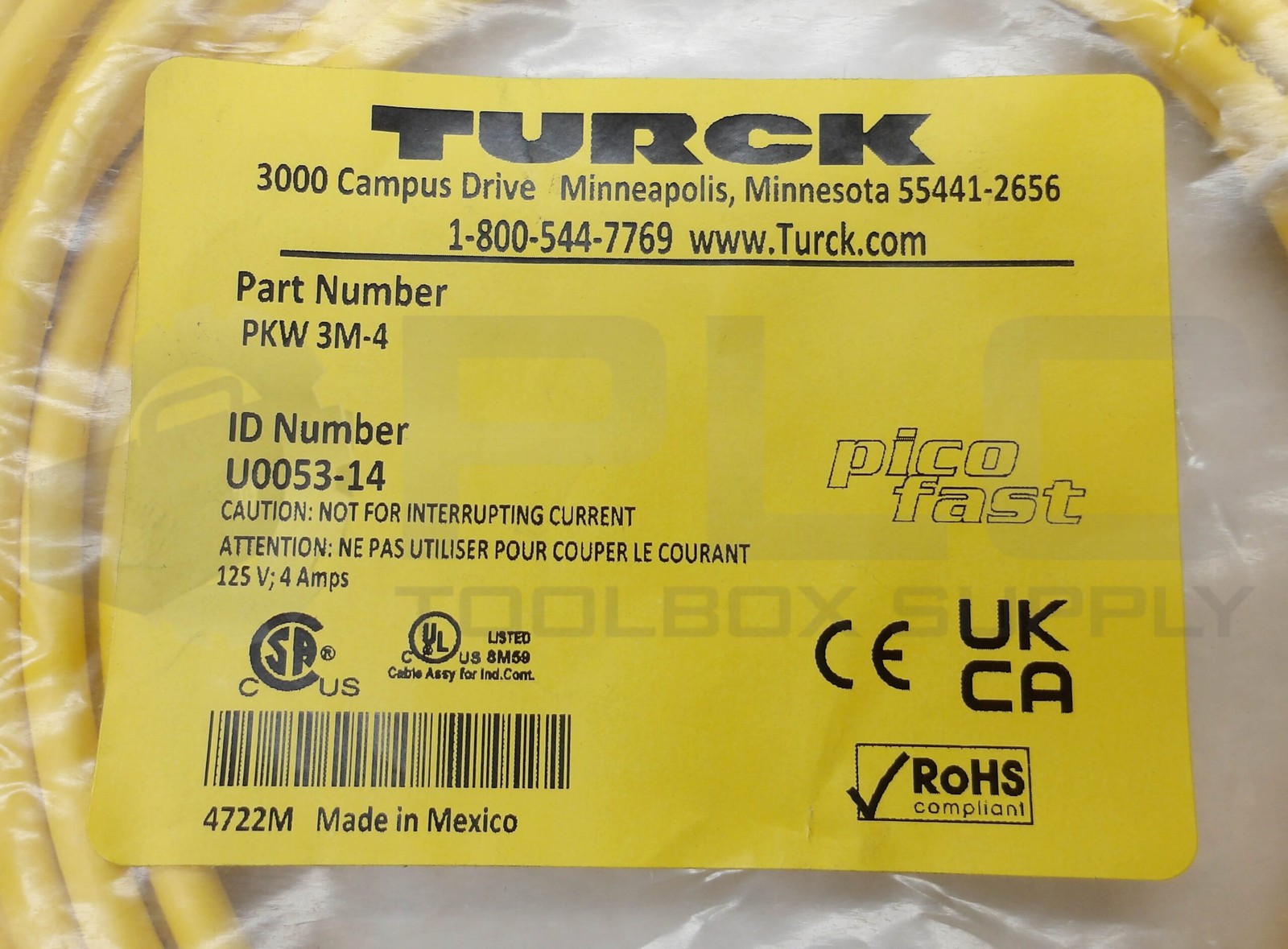 SEALED NEW TURCK PKW 3M-4 SINGLE ENDED CORDSET 4M U0053-14