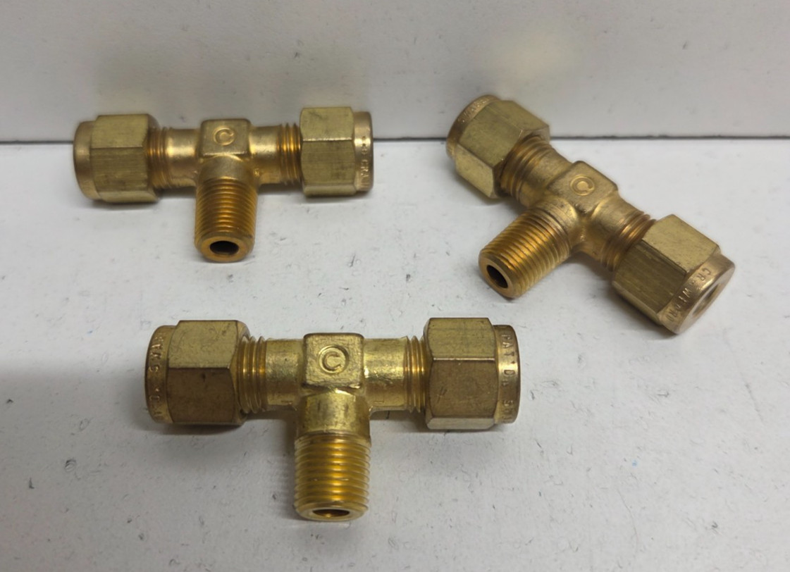 LOT OF 3 NEW NO BOX! CRAWFORD 1/4 “TUBE X 1/8” MNPT BRASS BRANCH TEES B-400-3TTM