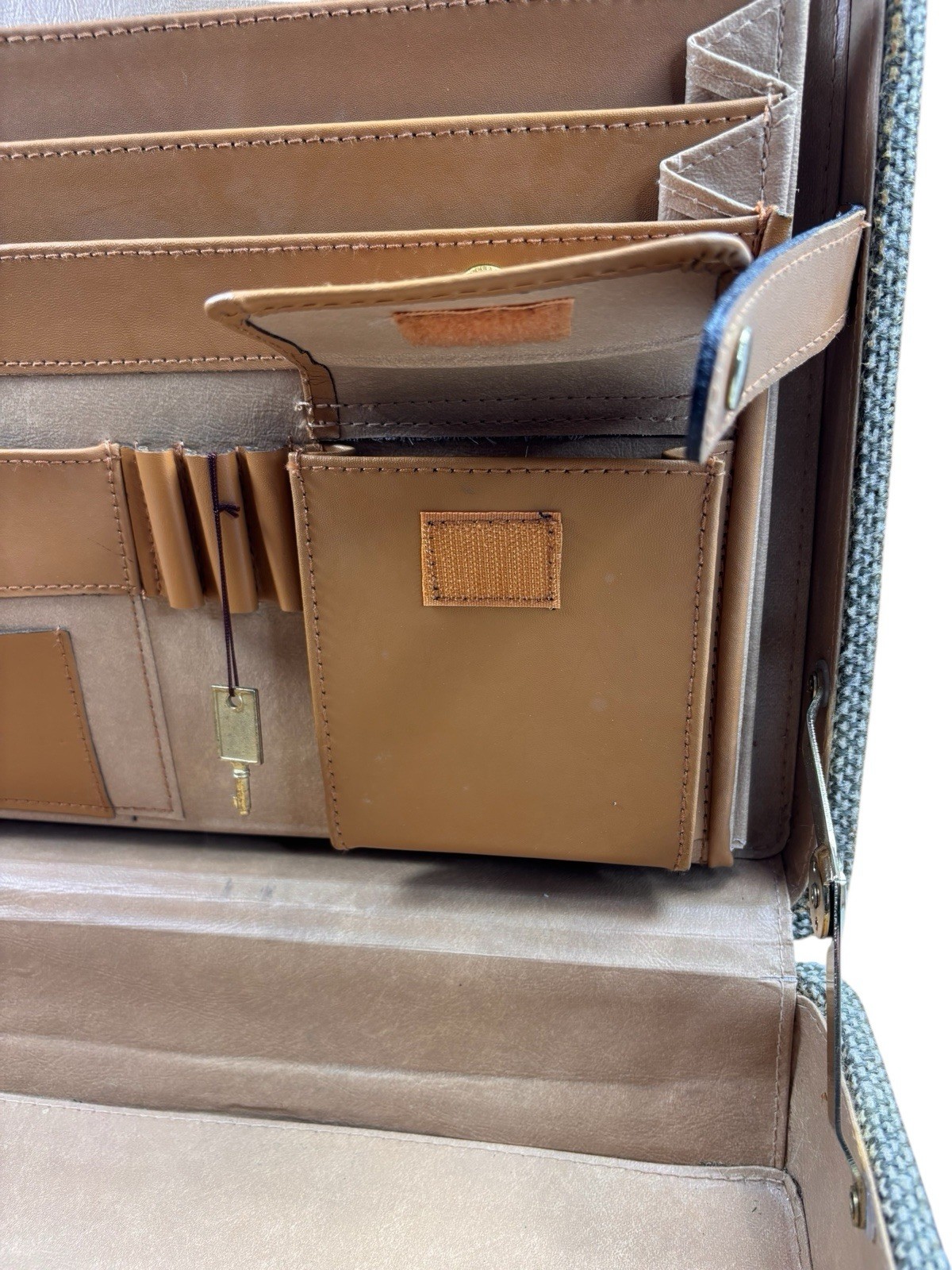 VINTAGE Jute Attaché Burlap Briefcase with Keys Leather Trim Brass Hardware