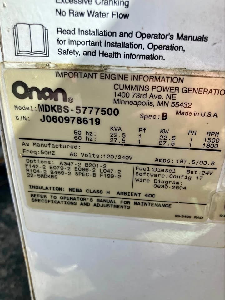 Onan 27.5 MDKBS 27.5 kw Marine Diesel Generator 60 Hz 120/240v