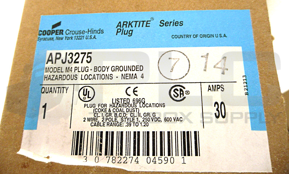 NEW CROUSE-HINDS APJ3275 MODEL M4 PLUG 30A PLUG 2W 2P 600VAC