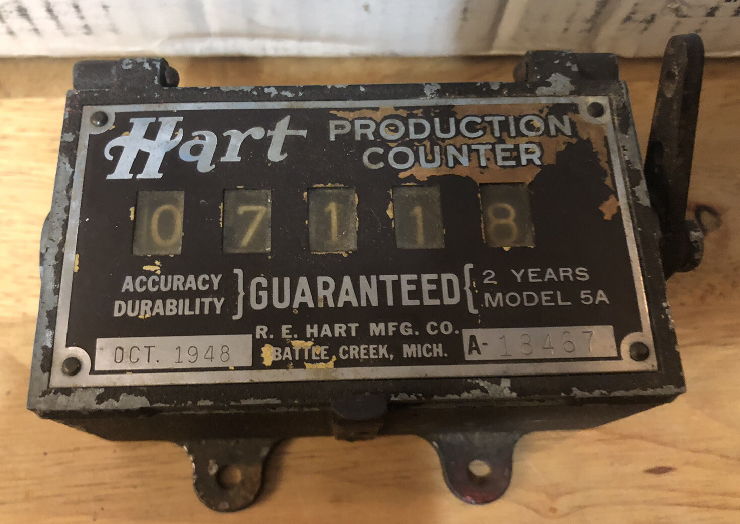 Antique R.E. Hart Production Counter 5A Oct 1948 BATTLE CREEK Working