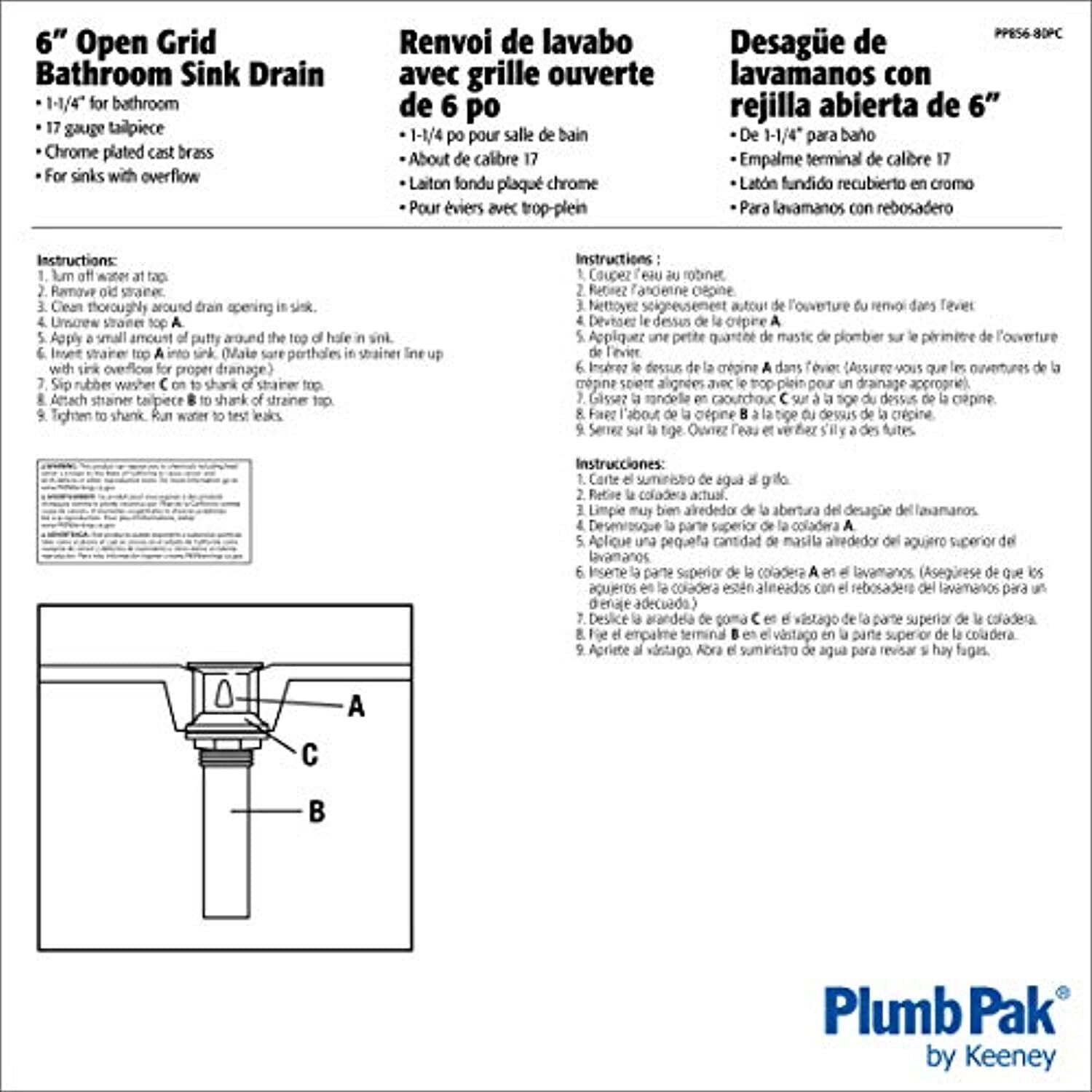 Plumb Pak PP856-80PC Po Plug with Open Grid Strainer, 6 X 1-1/4 in, 17 Ga