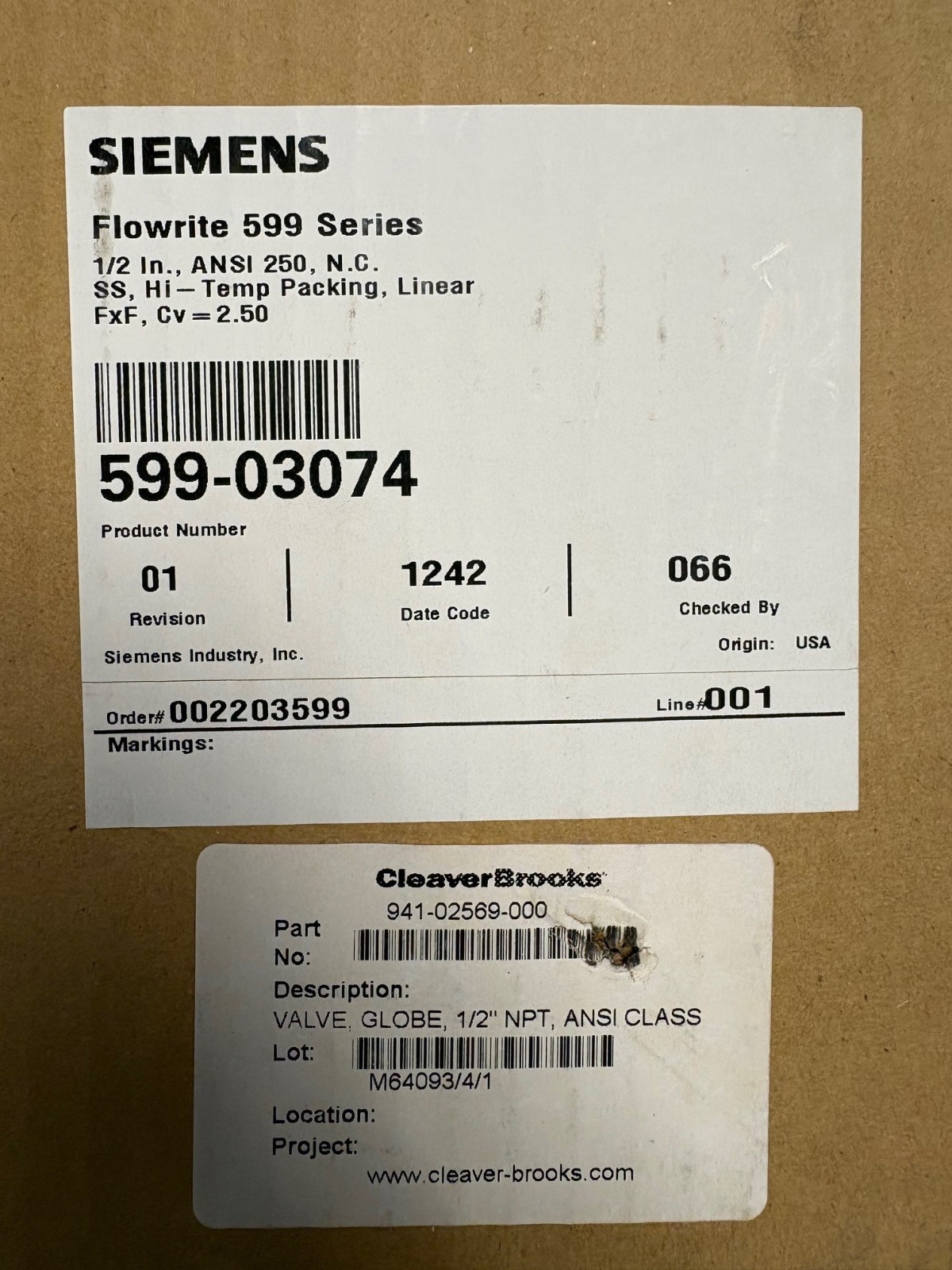 Siemens Flowrite 599 Series Globe Valve 25 VC 1/2″ 599-03074