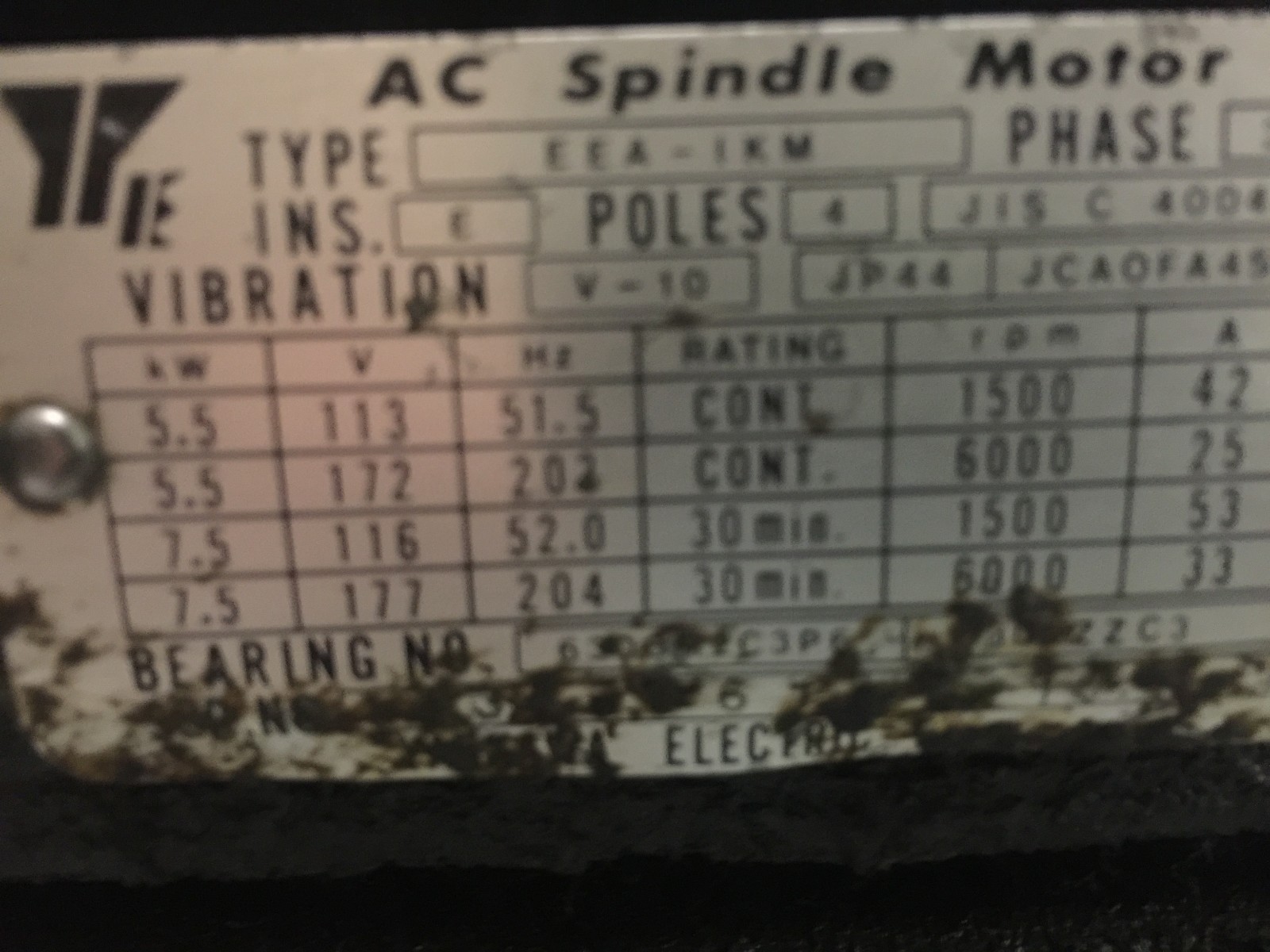 MORI SEIKI SL-1A YASKAWA AC SPINDLE MOTOR EEA-IKM 630BM2C3P6 CNC LATHE SL 1