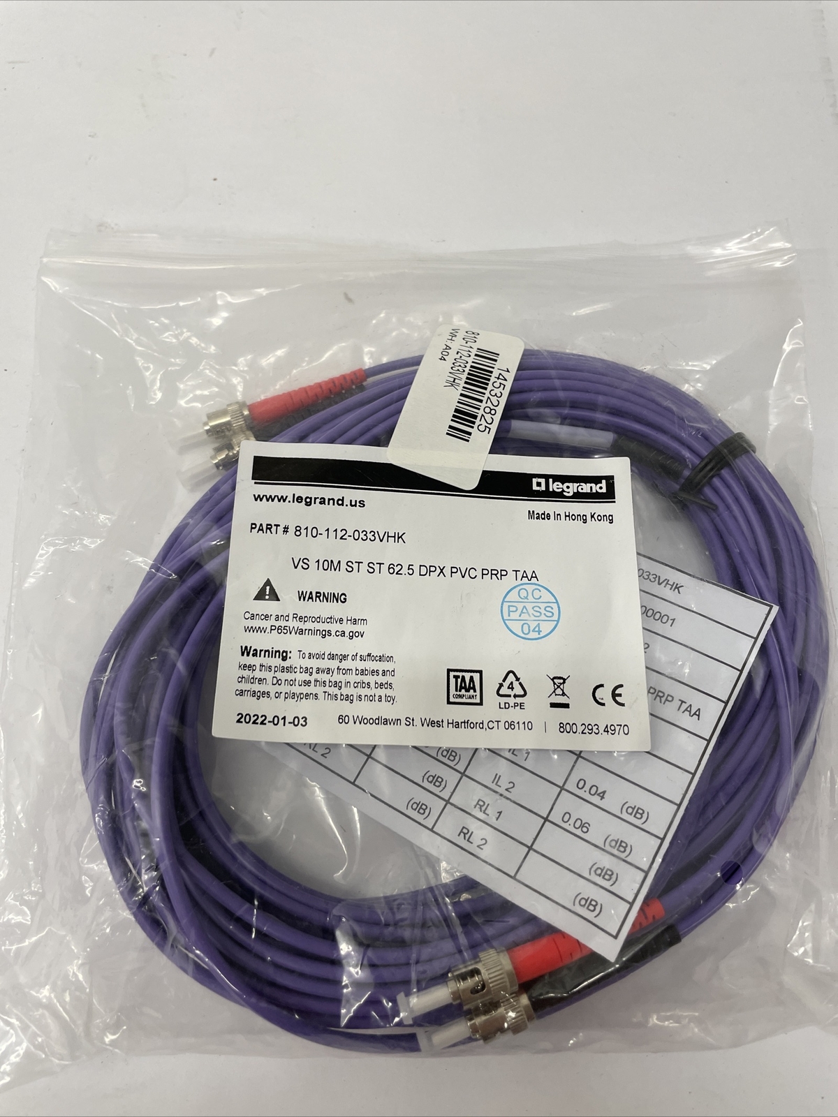 C2G 10M 62.5/125 DPX 3.0MM St-St PVC Violet 810-112-033VHK