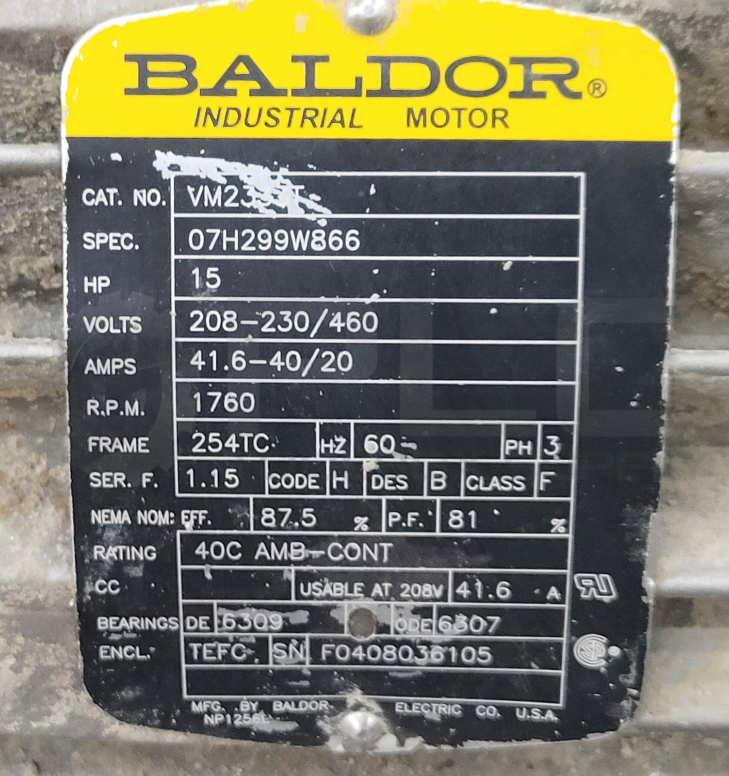 BALDOR VM2333T INDUSTRIAL MOTOR 07H299W866 SPEC 15HP 208-230/460V 41.6-40/20A