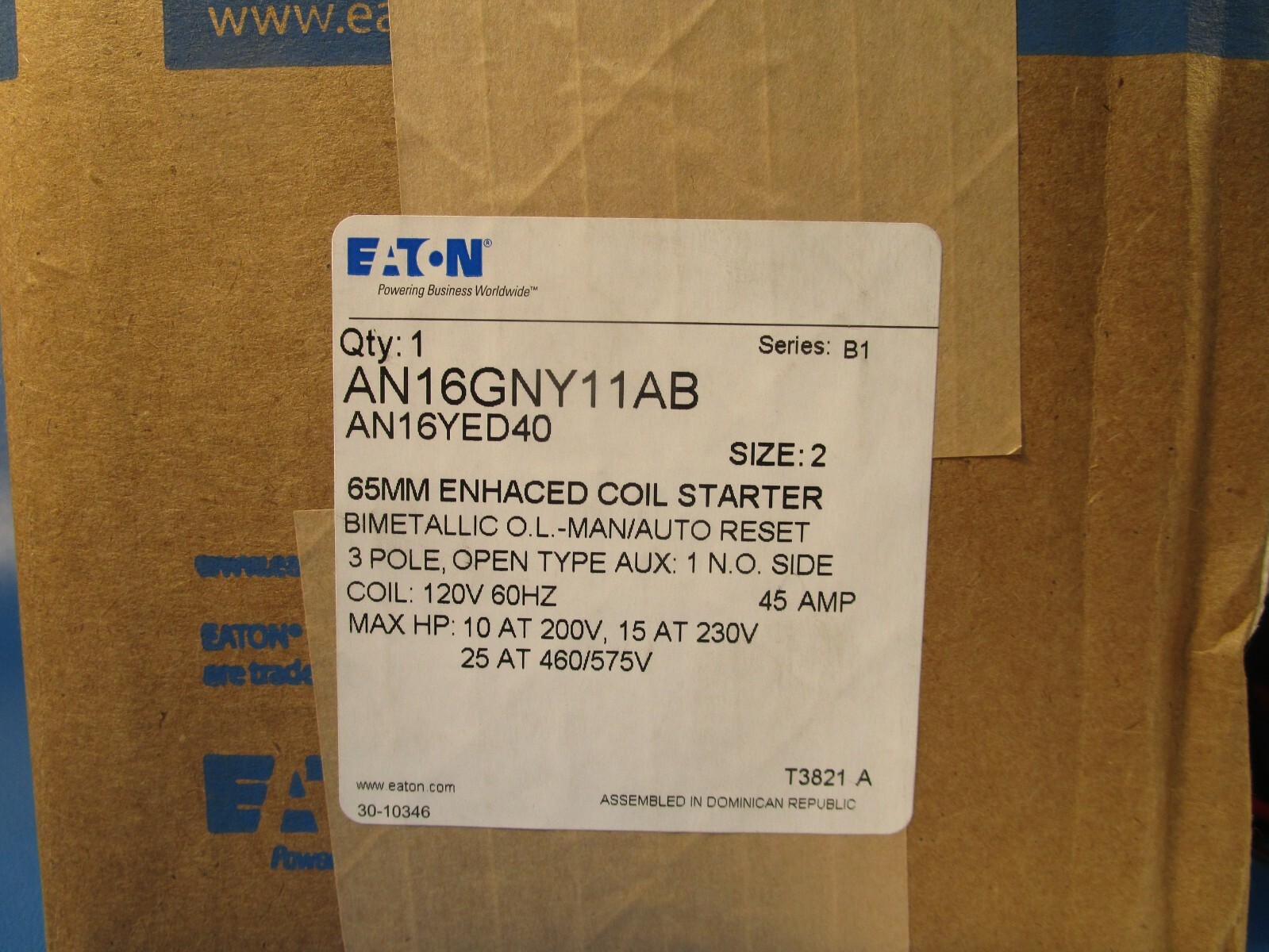 Eaton AN16GNY11AB, AN16YED40 ENHANCED COIL MOTOR STARTER, 600 VAC 45A 120V COIL