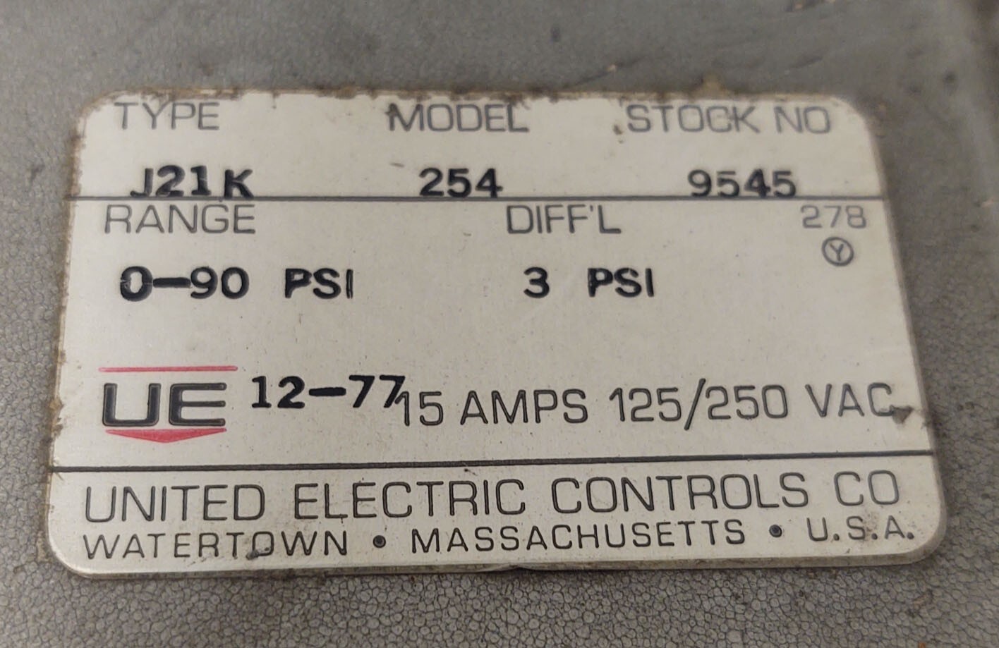 🔥 United Electric UE J21K-254 J21K Mechanical 0-90 Pressure Switch