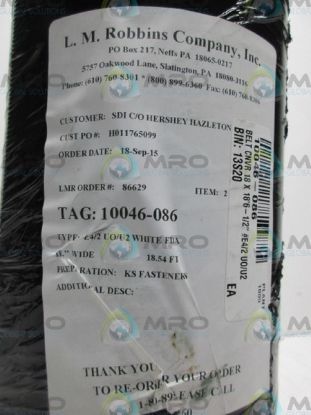 L.M.ROBBINS E4/2UO/U2 WHITE FDA 18″W 18.5FT CONVEYOR BELT NSNP