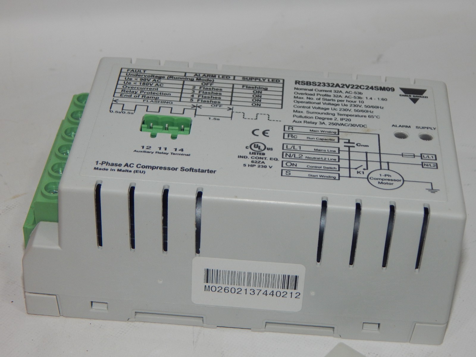 Carlo Gavazzi 1 Phase AC Compressor Soft Starter RSBS2332A2V22C24SM09 32A 230V