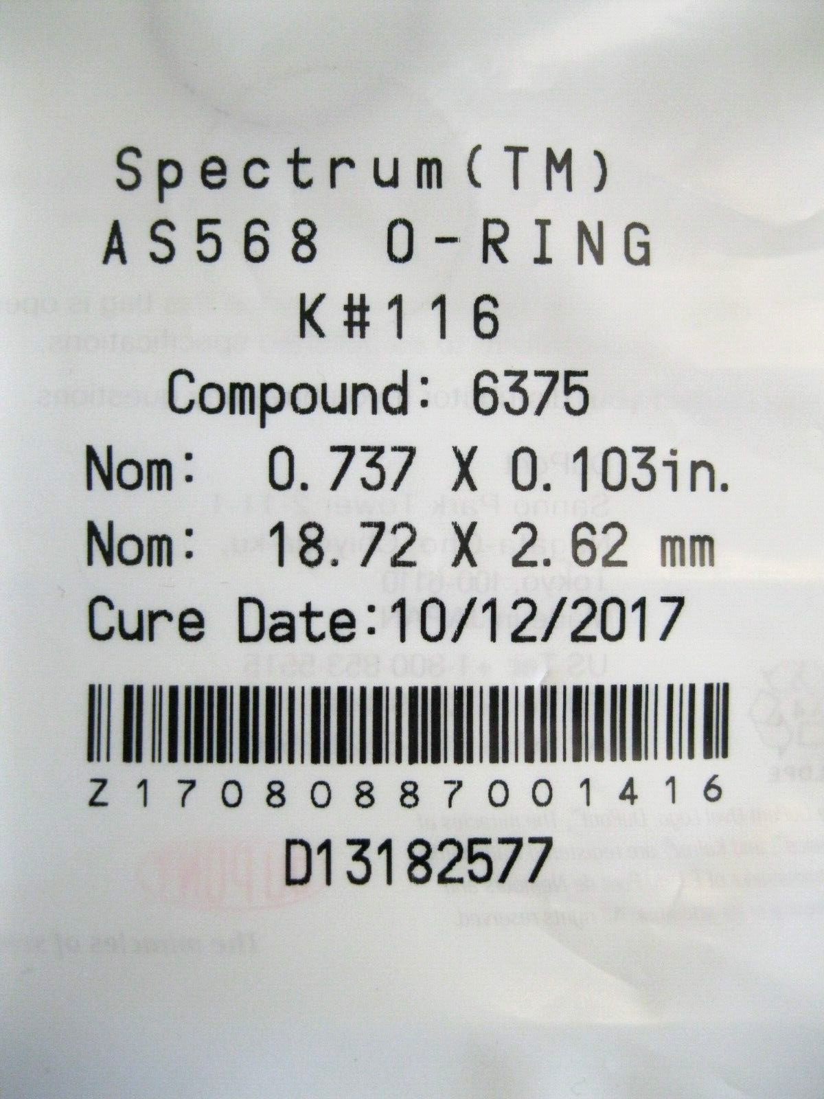 NEW Sealed DuPont Kalrez Spectrum K#116 Compound 6375 O-Ring L16